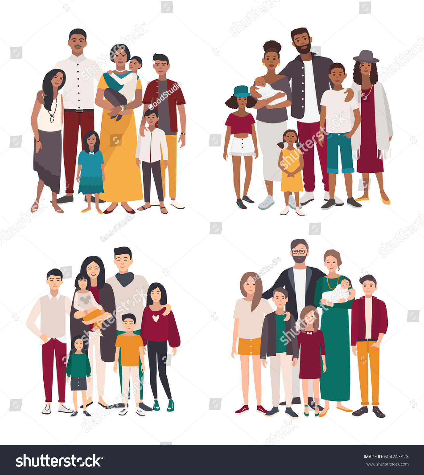 Set Large Family Portrait Different Nationalities Stock Vector ...