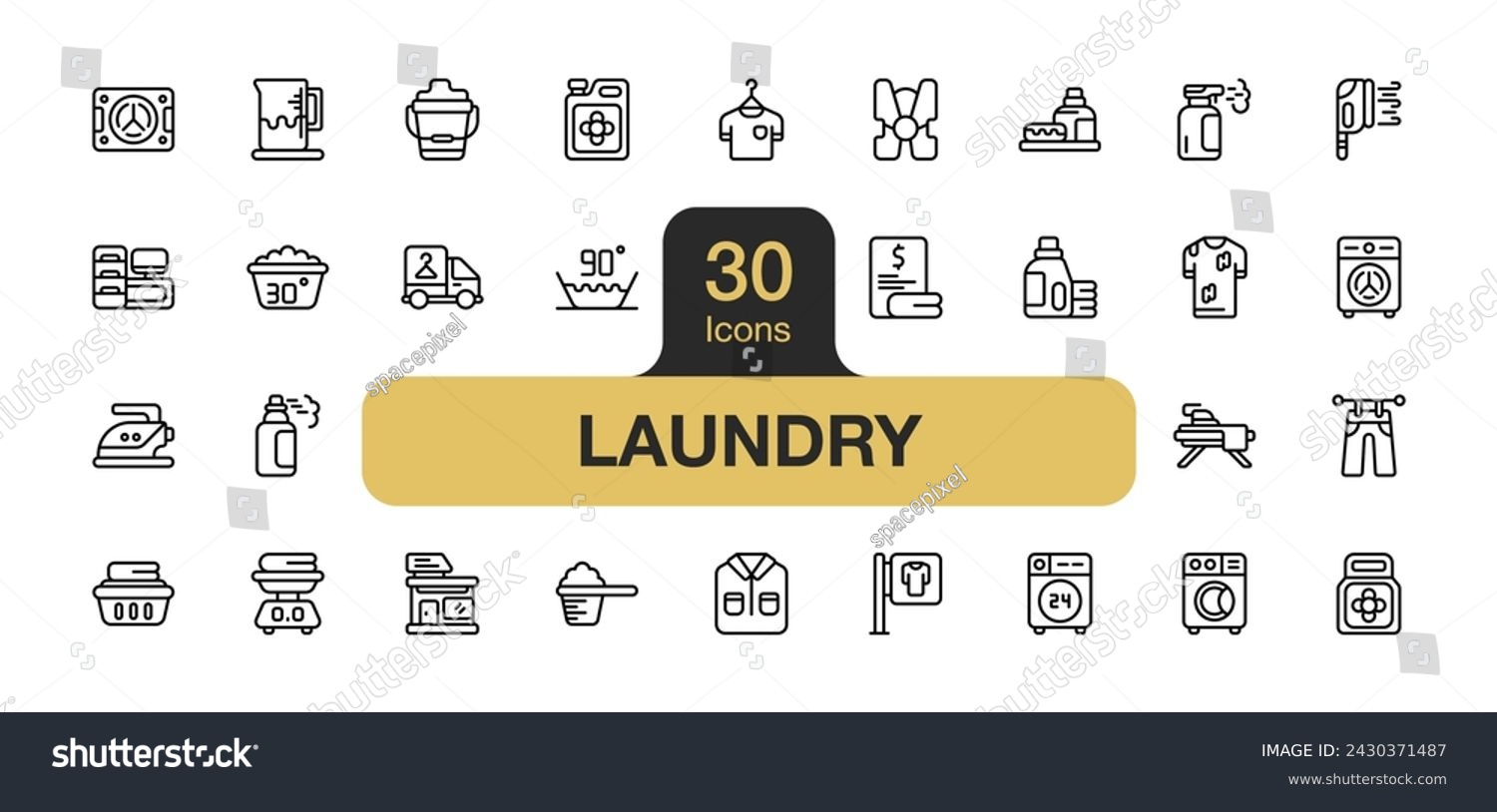 SVG of Set of 30 Laundry icon element sets. Includes Washing Machine, Jeans, Shirt, Delivery Truck, Chlorine, Clothespin, Sign, Detergent, and More. Outline icons vector collection. svg