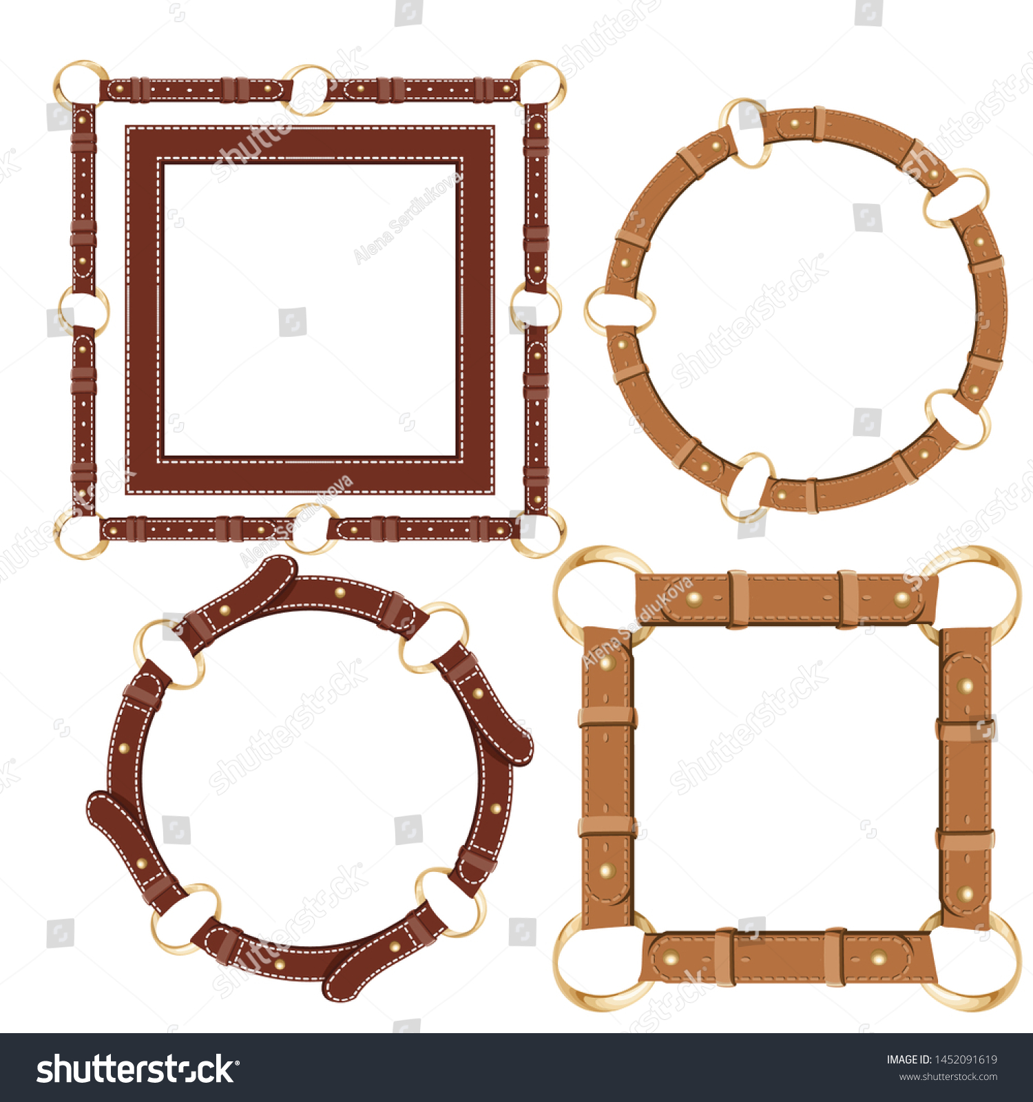 Set Leather Round Square Frame Border Stock Vector (Royalty Free