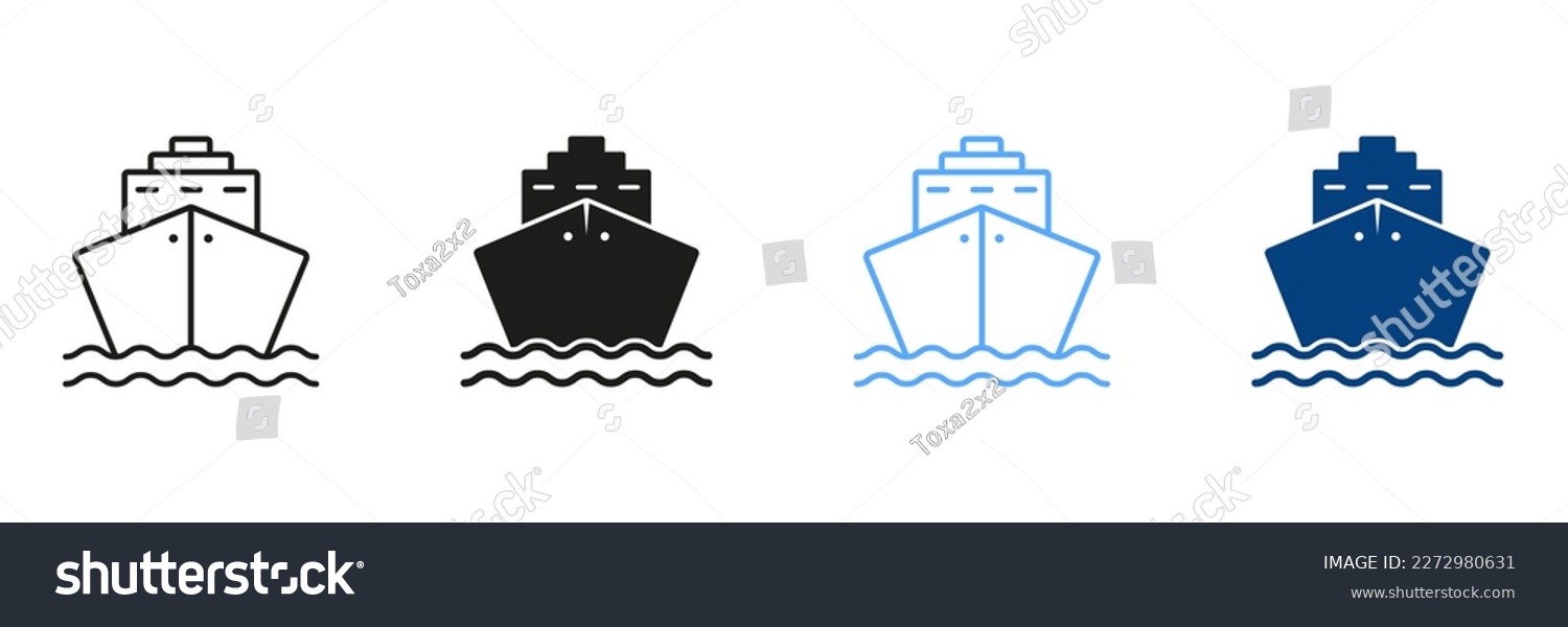 SVG of Set Of Line And Silhouette Color Icons Of Cruise Ships. Ocean Vessel Pictogram. Symbols Collection Of Cargo Ship, Cargo Marine Transport on White Background. Isolated Vector Illustration. svg