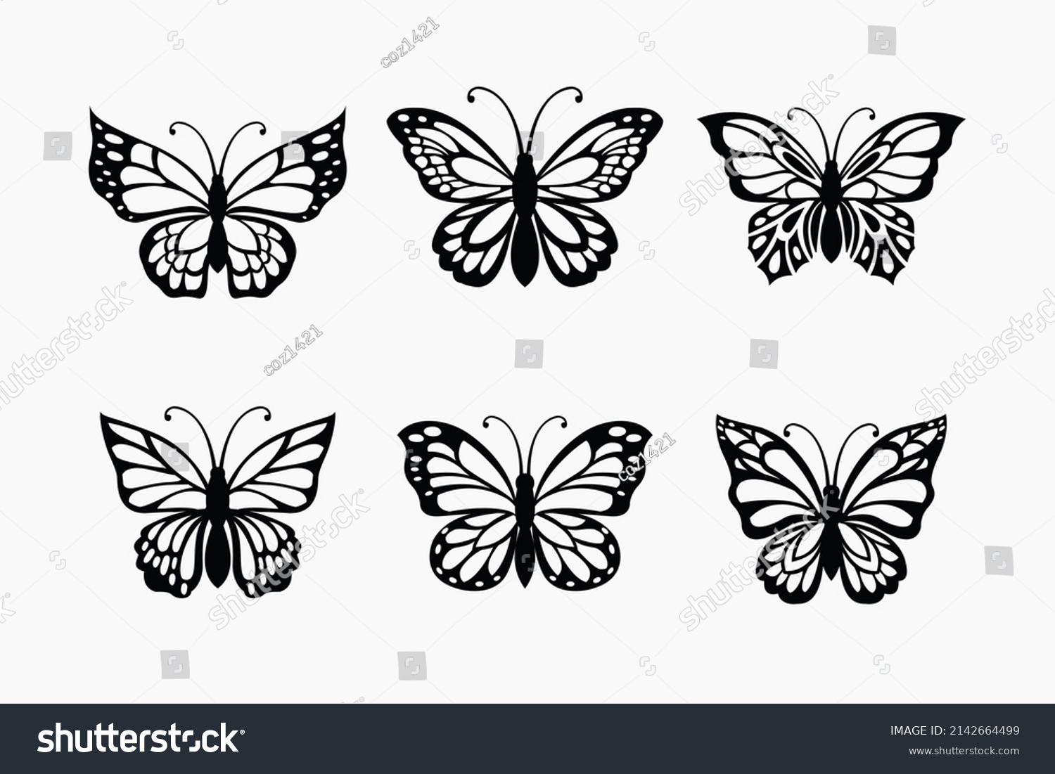 SVG of Set of line art butterflies, monochrome illustration butterflies svg