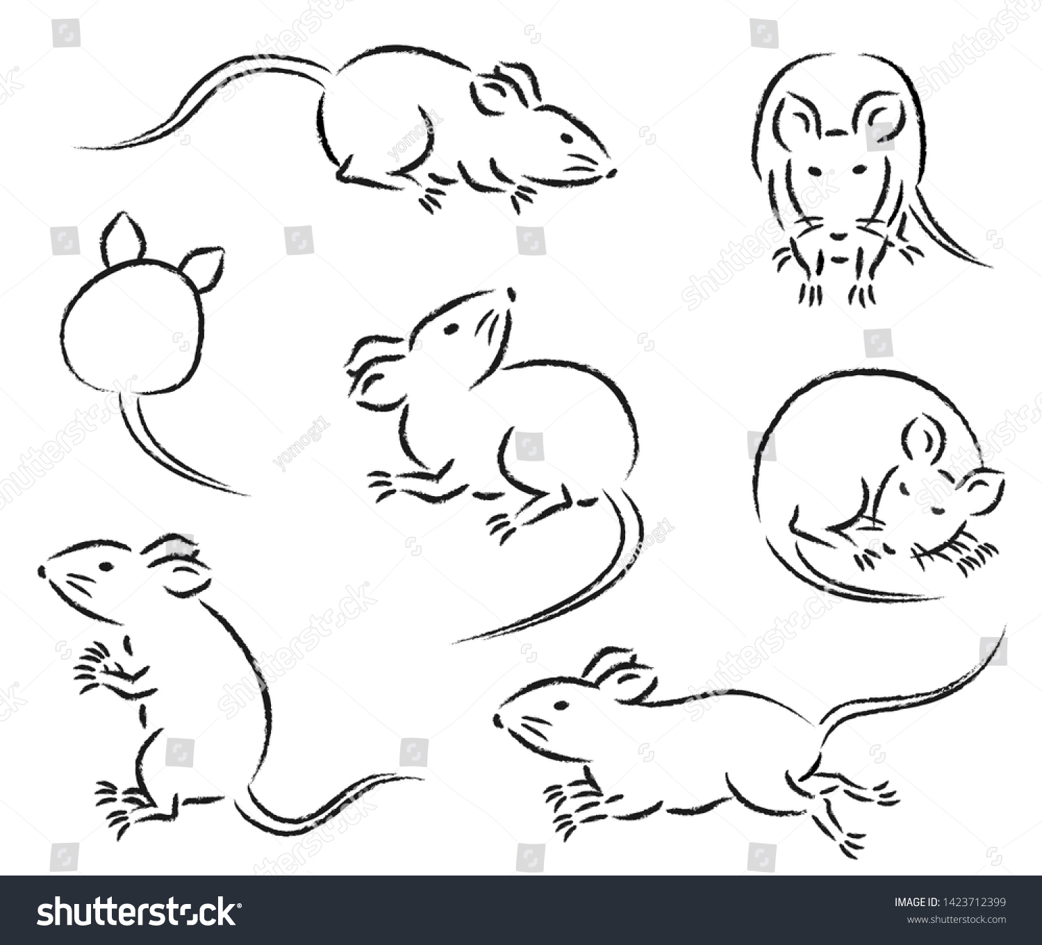 線描画マウスのイラストのセット 動きやポーズ 走る 立つ 前 後ろ 寝る 側面を見ながら座るさまざまな動きやポーズ のベクター画像素材 ロイヤリティフリー