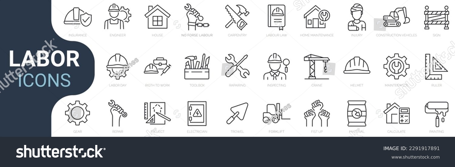 SVG of Set of line icons related to labor, construction, labour day, renovation. Outline icon collection. Vector illustration. Editable stroke. svg