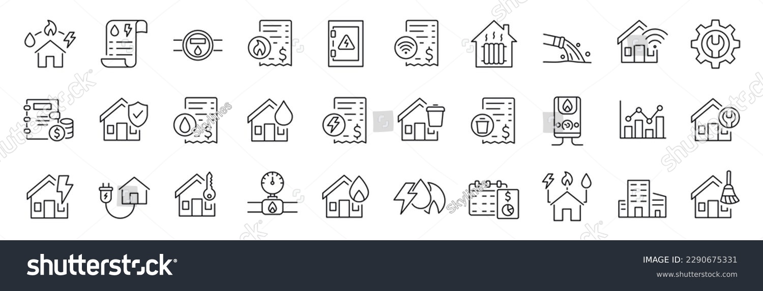 SVG of Set of 30 line icons related to public utilities. Gas, electricity, water, heating. Editable stroke. Vector illustration svg
