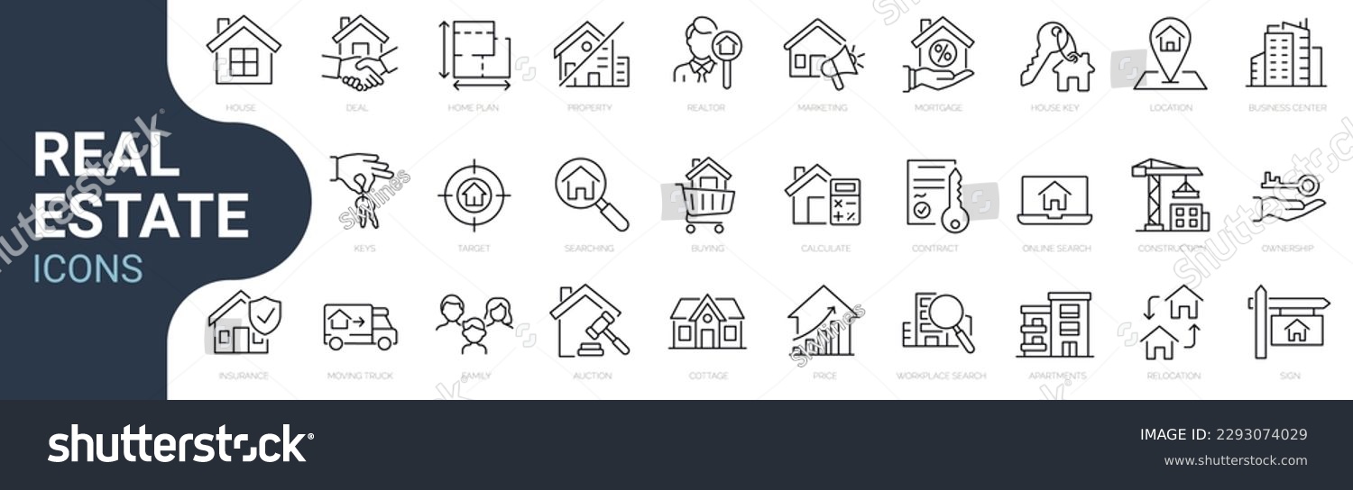 SVG of Set of line icons related to real estate, property, buying, renting, house, home. Outline icon collection. Editable stroke. Vector illustration. Linear business symbols svg