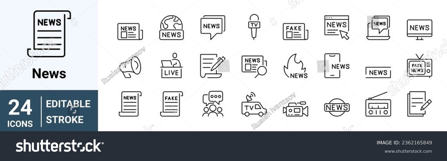 SVG of set of 24 line web icons. Fake News. Wrong Information, live, Propaganda, Inappropriate Content. Editable Stroke. Collection of Outline Icons. Vector illustration. svg