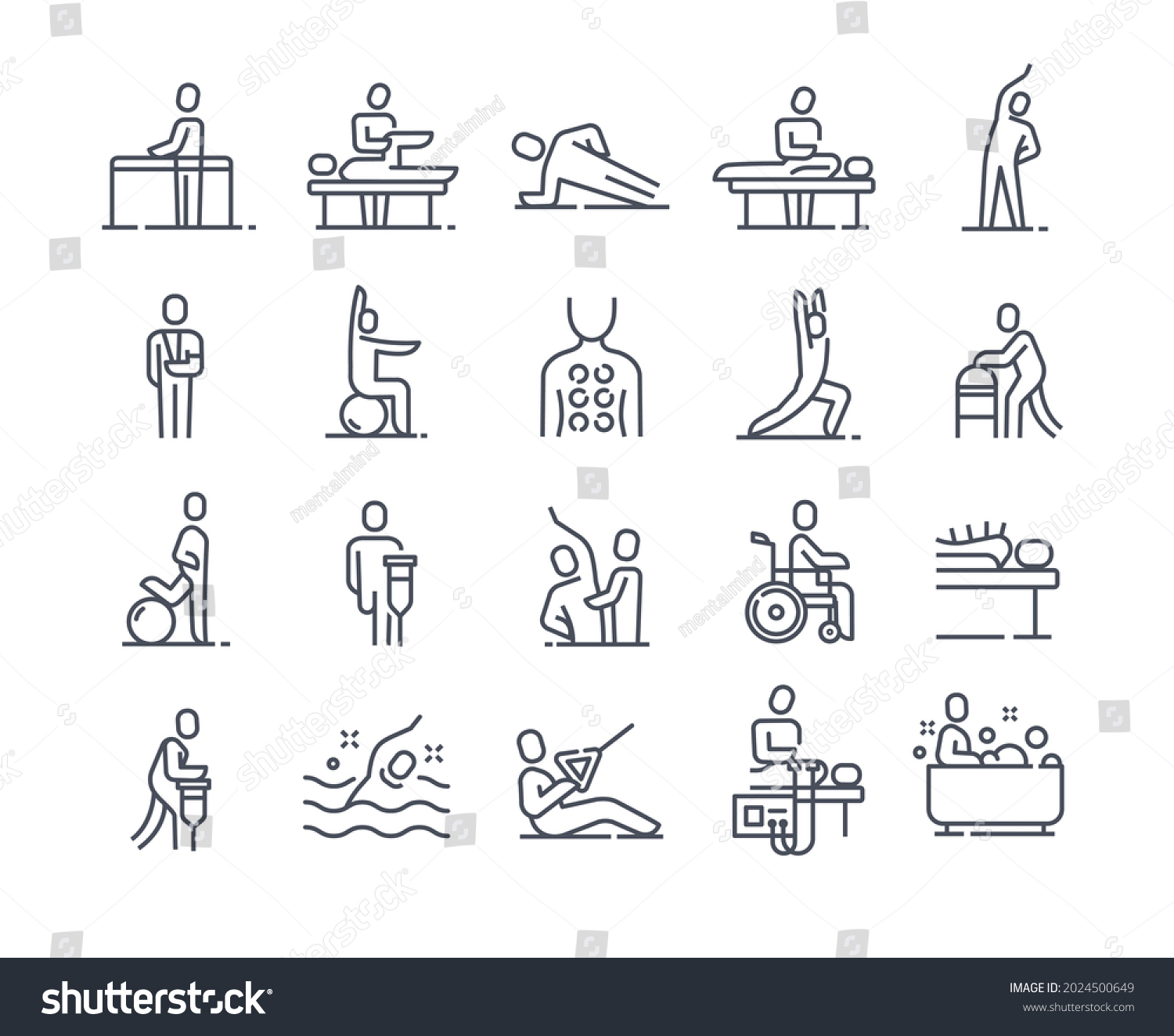 SVG of Set of linear essential icons of physiotherapy on white background. Concept of massotherapy and acupuncture, exercise, rehabilitation. Healthcare and medicine. Flat cartoon vector illustration svg