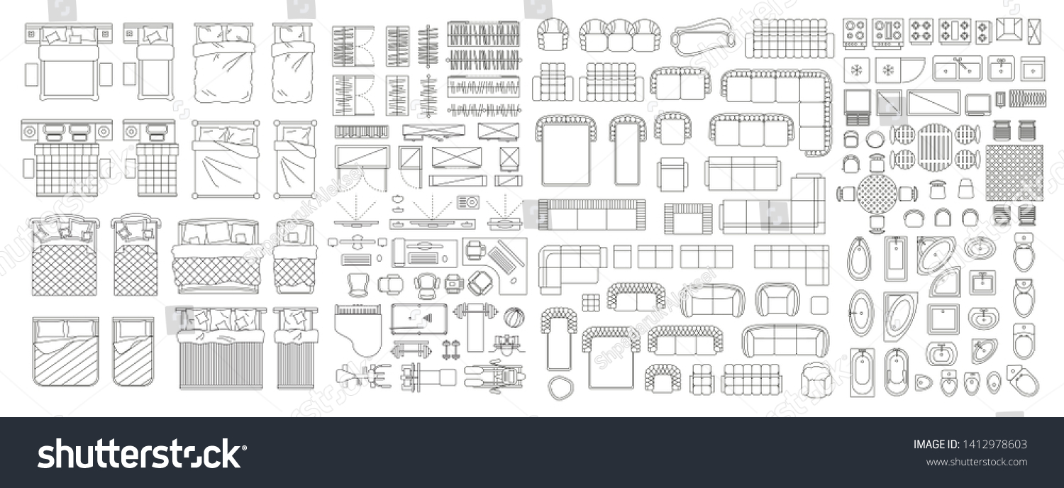 線形アイコンのセット 内部平面図 分離型ベクターイラスト リビング 寝室 浴室 キッチンの家具とエレメント 平面図 上からのビュー 家具屋 のベクター画像素材 ロイヤリティフリー 1412978603