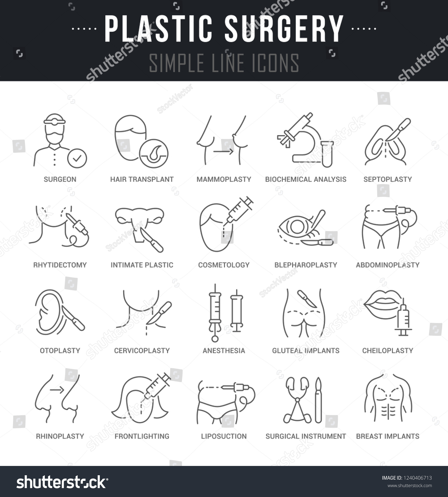 set-linear-icons-plastic-surgery-names-vetor-stock-livre-de-direitos