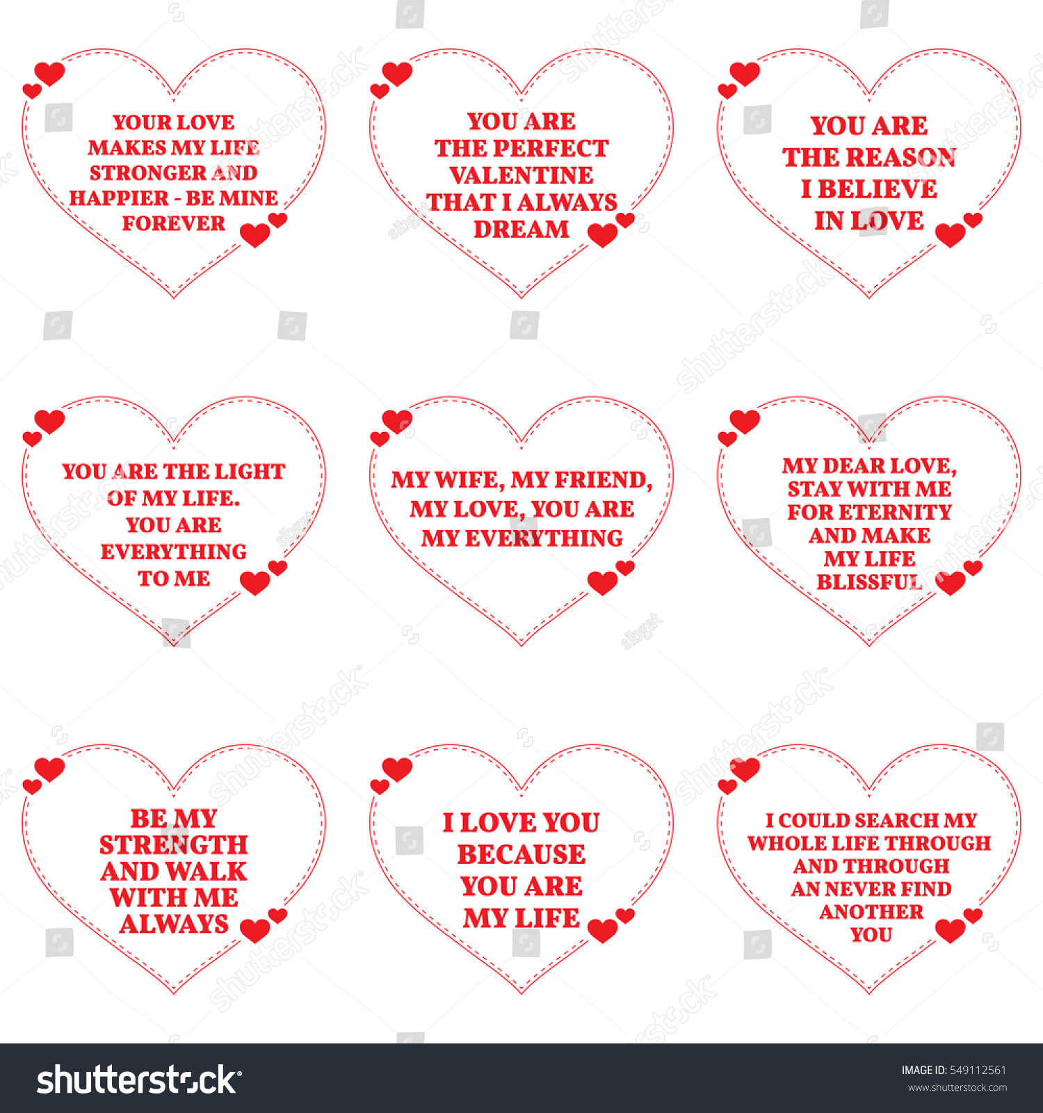 Set of love wishes quotes over white background Simple heart shape design Vector illustration