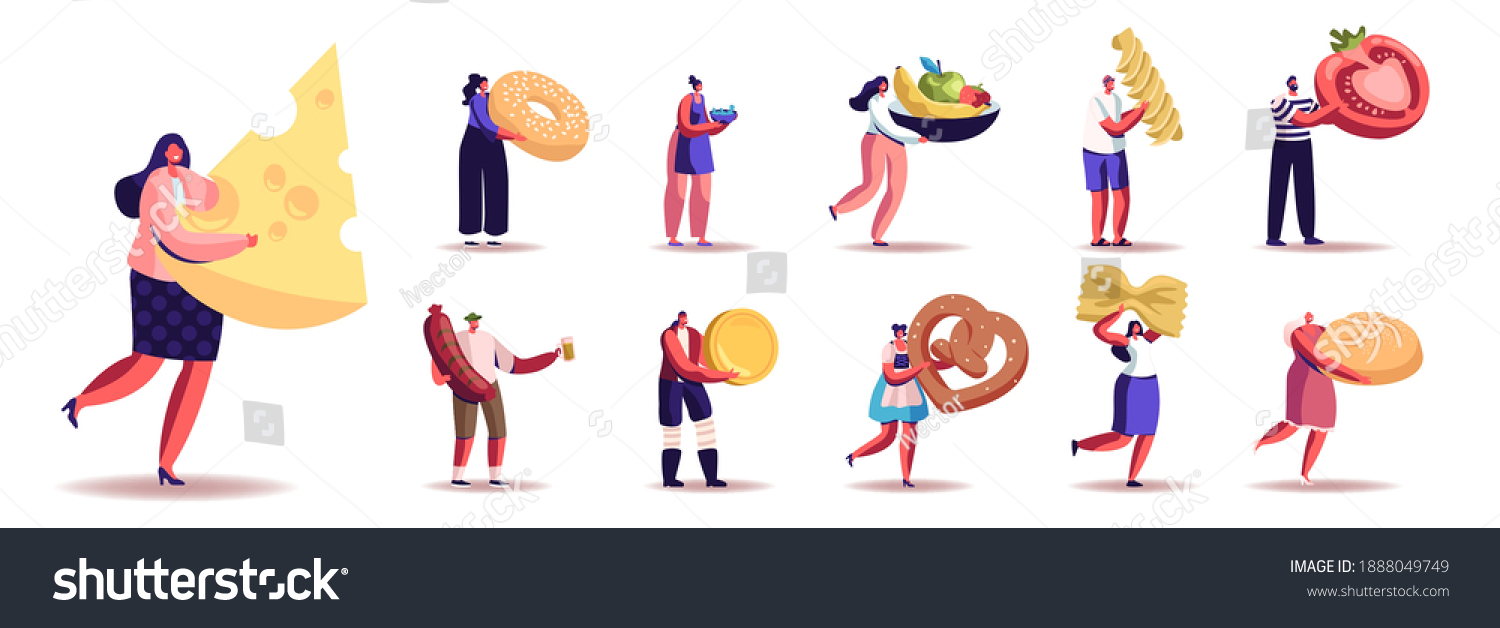 SVG of Set of Male and Female Characters with Different Food and Snacks. Men and Women Eat Cheese, Sausage, Fruits, Vegetable and Pasta or Bakery Isolated on White Background. Cartoon People Illustration svg