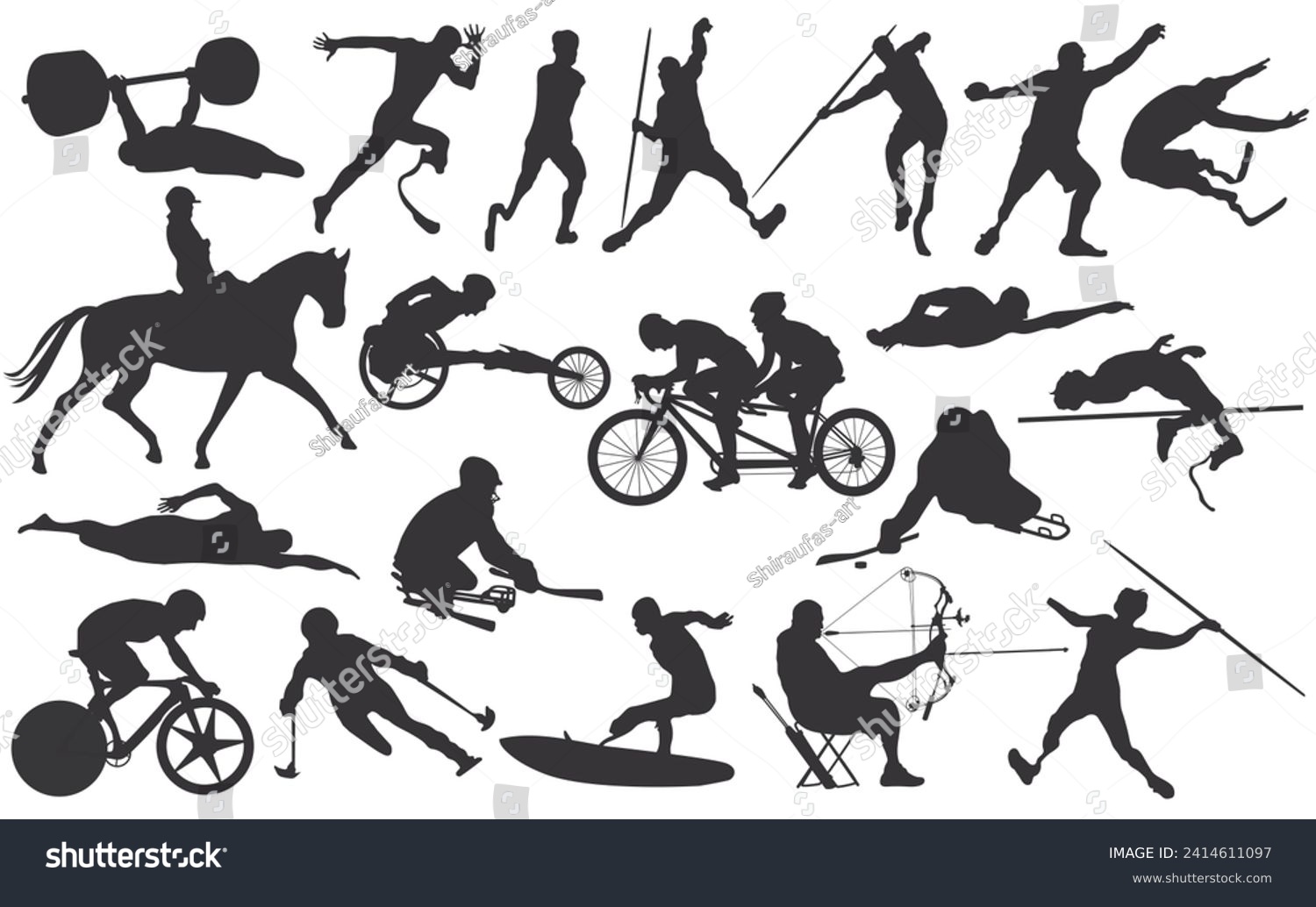 SVG of Set of 20 male athletes with disability vol.2. Cutout solid icons. Men sport player silhouettes vector illustration. svg
