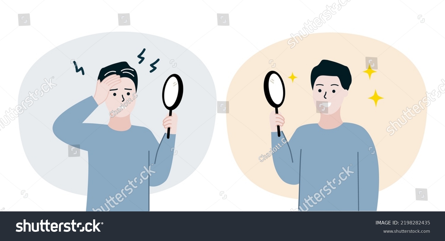 SVG of Set of man holding mirror before and after. Boy find grey hairs growing on head and dyeing hair. Early aging, Maturity, beauty, hairstyle concept. Flat cartoon people vector illustration. svg