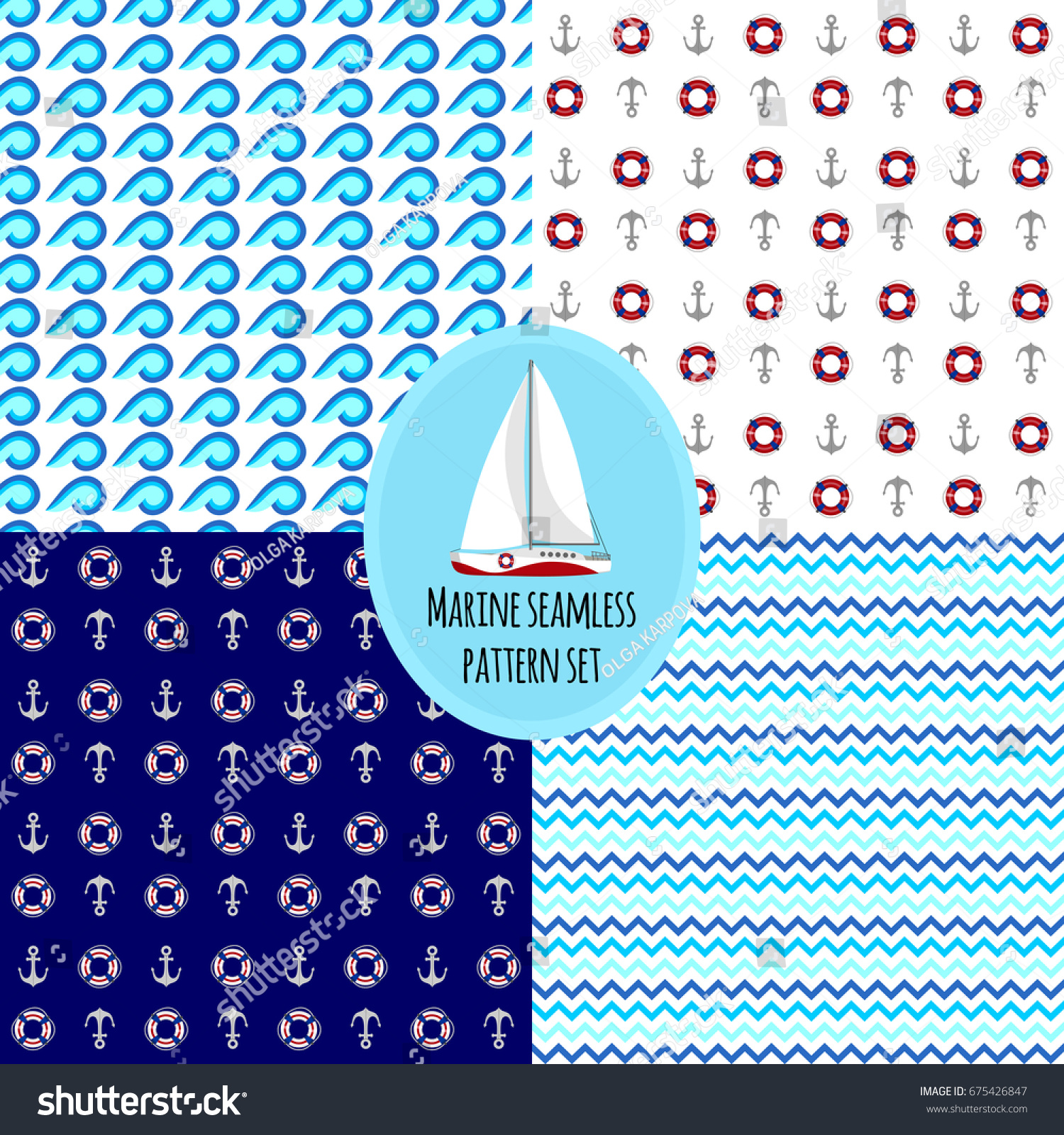SVG of Set of marine nautical seamless patterns with anchors, safety rings, tangled waves, zigzag chevron lines, and yacht illustration as bonus. Good for textile fabric or paper print. svg