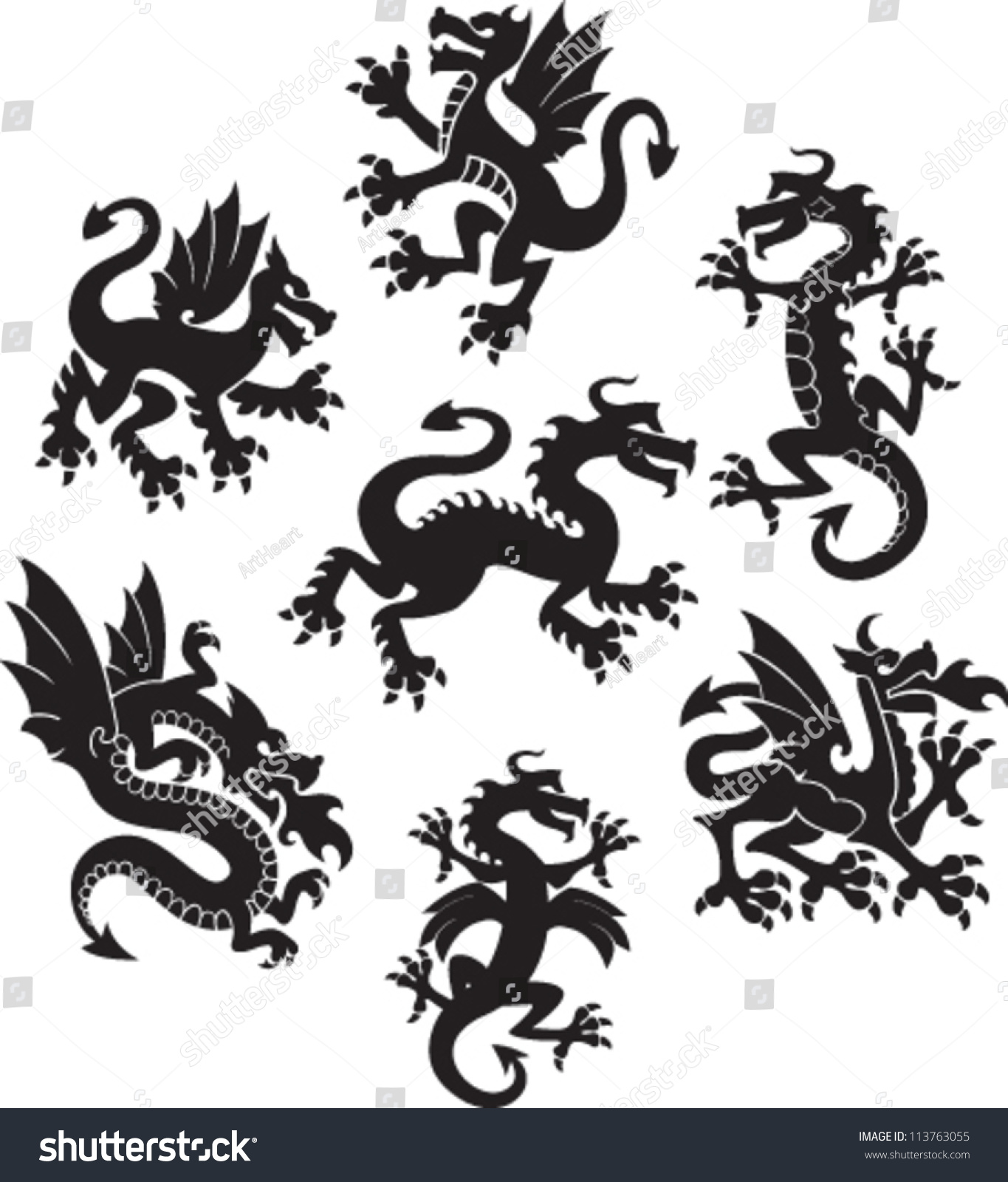 Set Medieval Dragon Symbols Stock Vector 113763055 ...