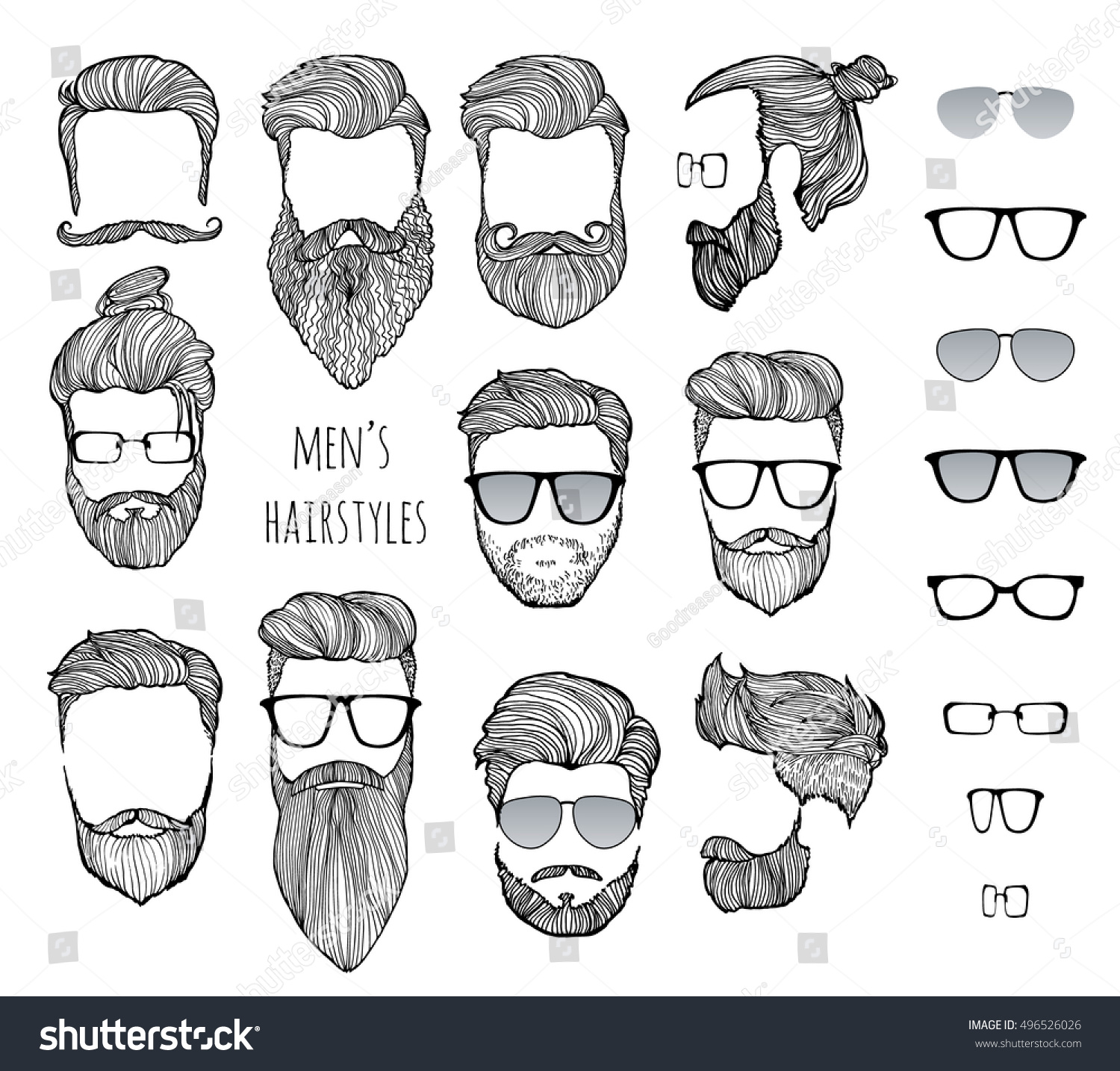 Set Mens Hairstyles Beards Glasses Handdrawn Stock Vector Royalty Free 496526026 8507