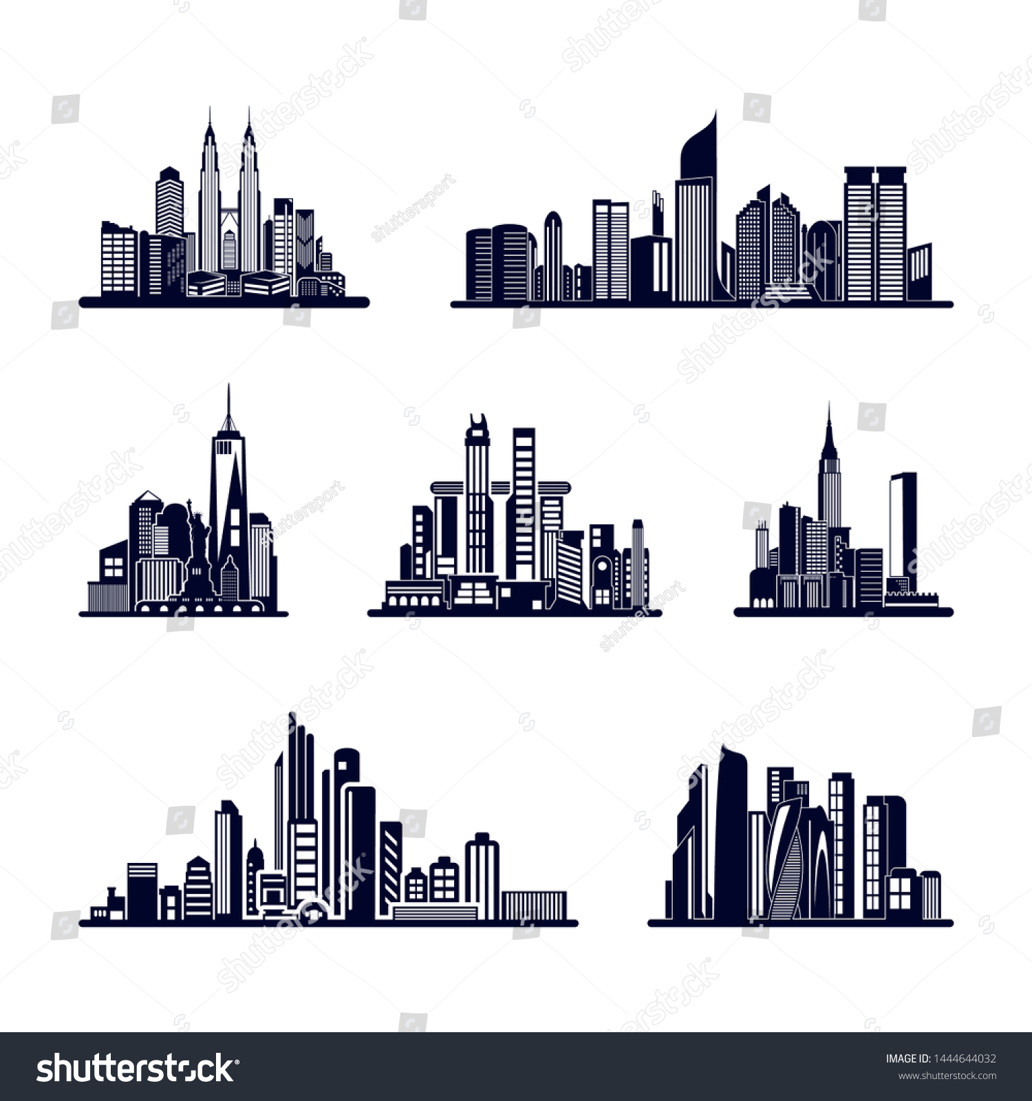 Set Modern City Skyline City Silhouette Stock Vector Royalty Free