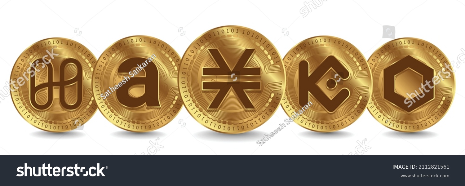 SVG of Set of modern cryptocurrency logo in golden coin vector illustration. Stacks, kucoin token, chainlink, arweave, and Harmony crypto symbols isolated in white background. svg