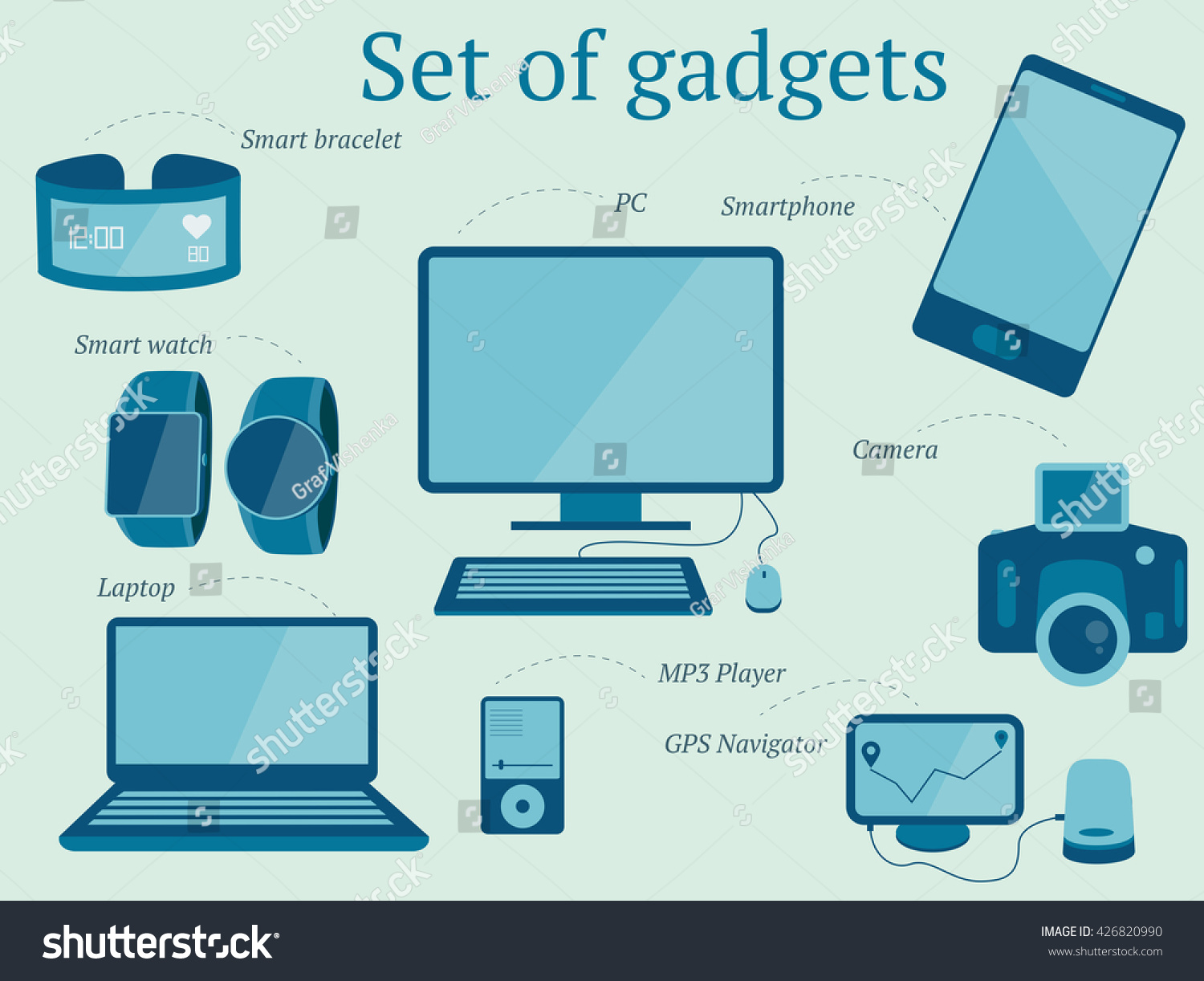 SVG of Set of modern gadgets vector design including laptop, pc, mp3 player, smartphone, watch, bracelet, gps navigator, camera svg