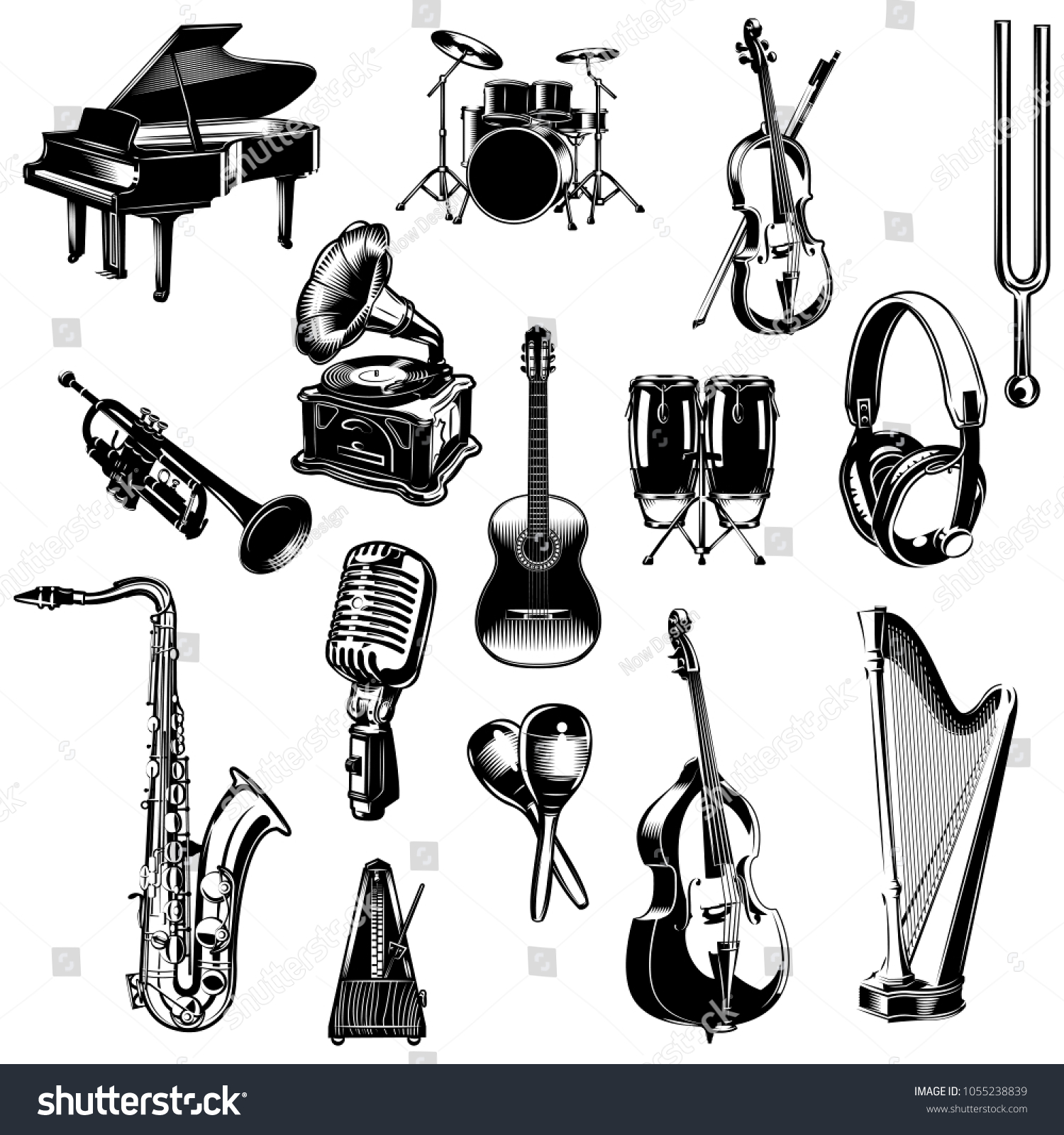 Set Monochrome Images Musical Instruments Pianos Stock Vector (royalty 