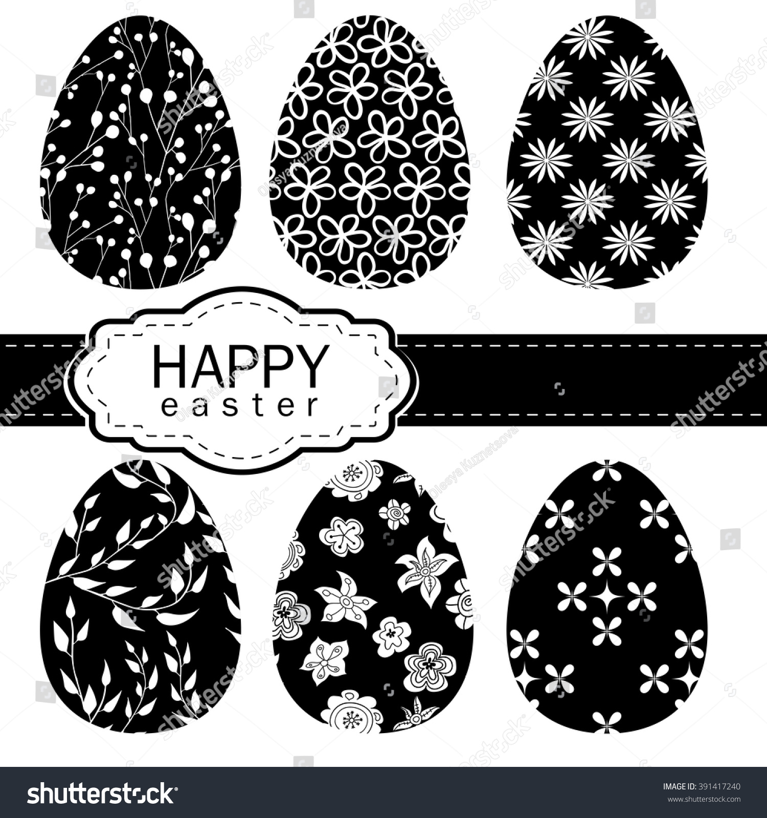 Set Of Monochrome Vector Easter Eggs Painted Abstract Patterns Black And White