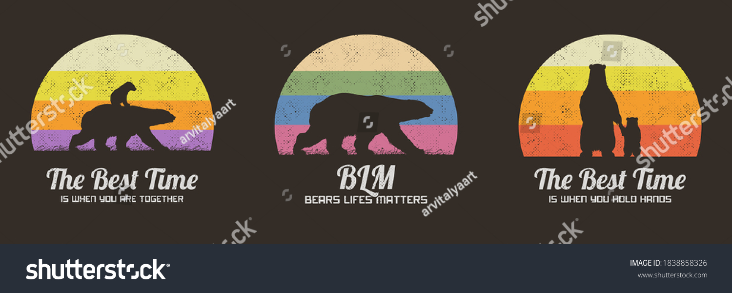 SVG of Set of multicolor retro illustrations with silhouettes of polar bears. Animal mother and child. Texture backgrounds with big endangered animals in wild. Vector vintage design for print, t-shirt svg