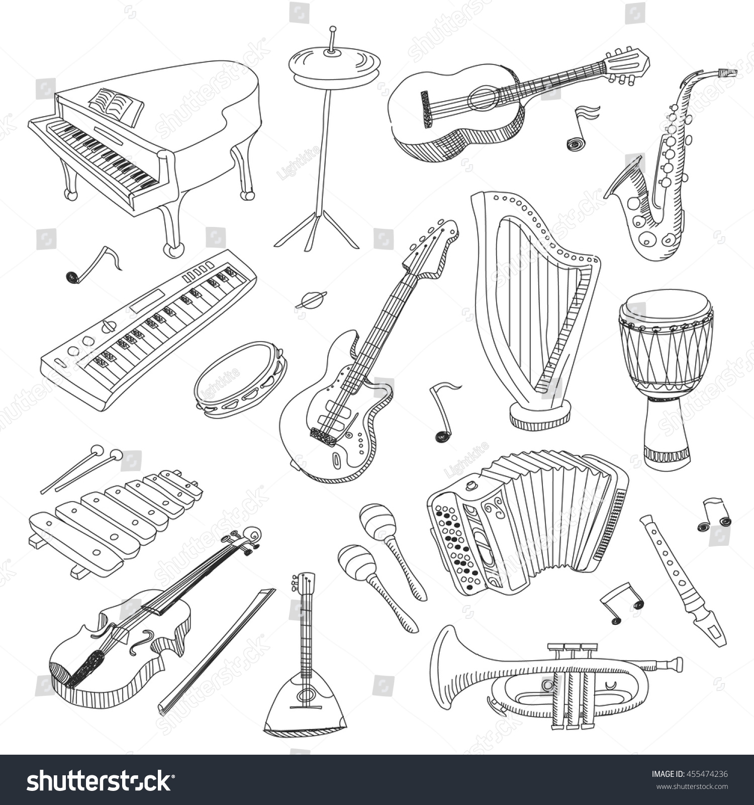 Set Music Instruments Hand Drawn Vector Stock Vector (Royalty Free ...