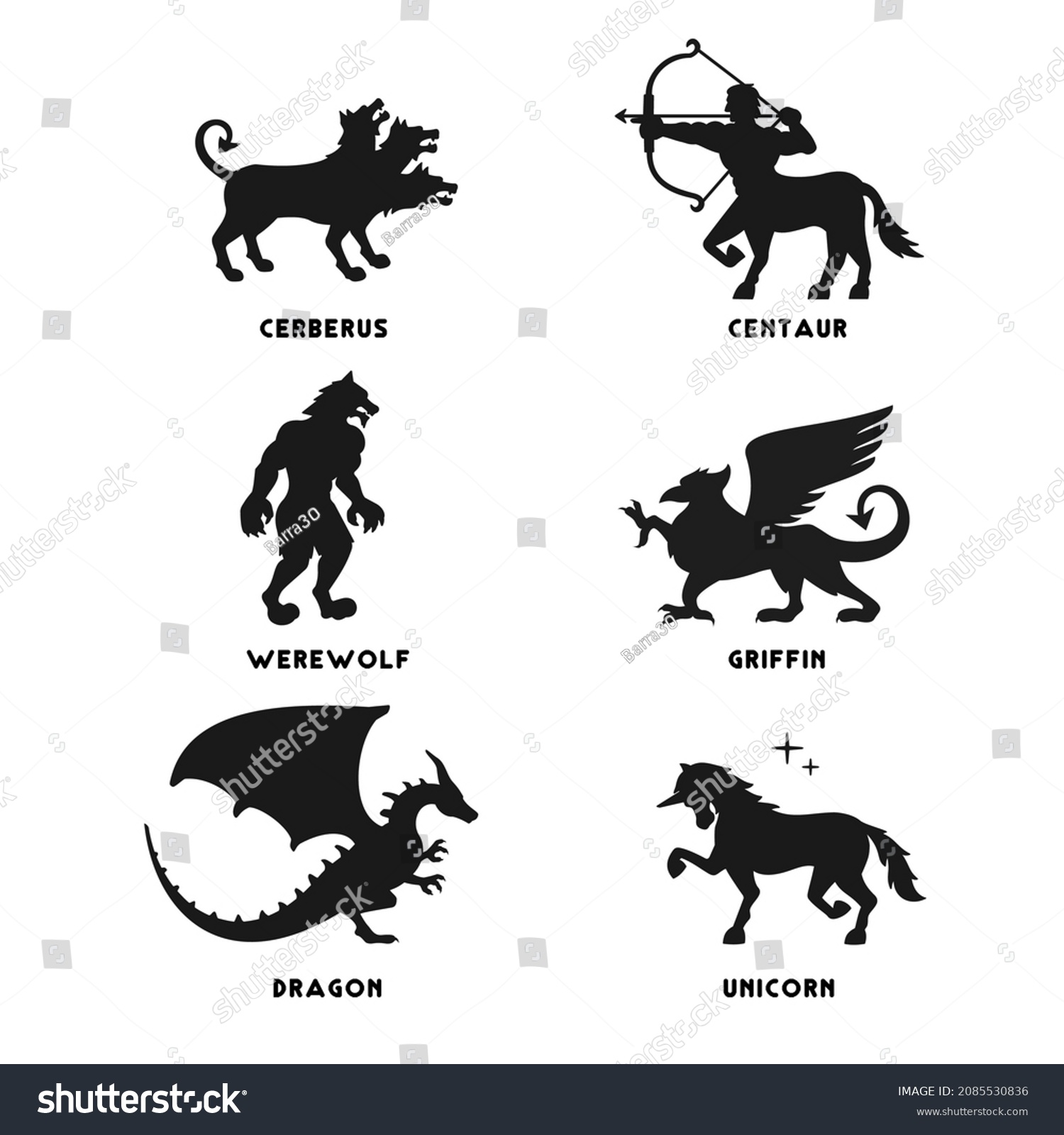 SVG of set of mythical creature icon unicorn werewolf dragon cerberus griffin centaur svg