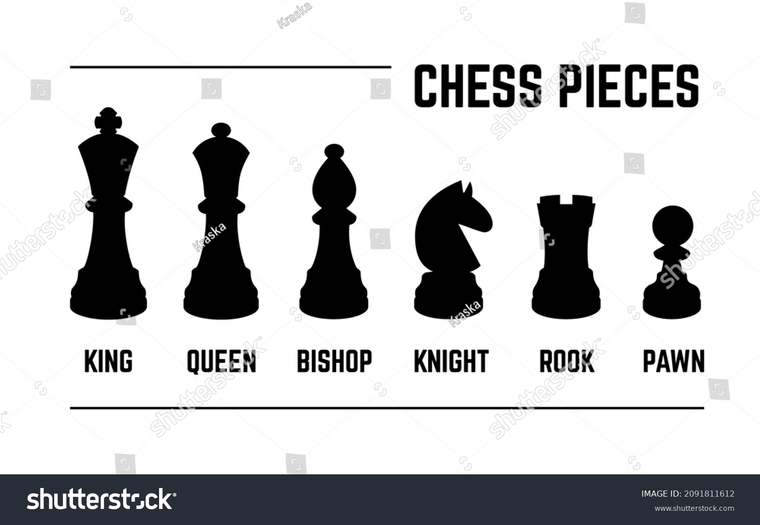 SVG of Set of named chess piece. Vector icons in black silhouettes on white. King queen  bishop knight rookand pawn
 svg