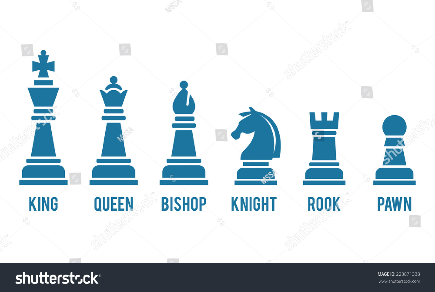 Set Of Named Chess Piece Vector Icons In Blue Silhouettes On White ...