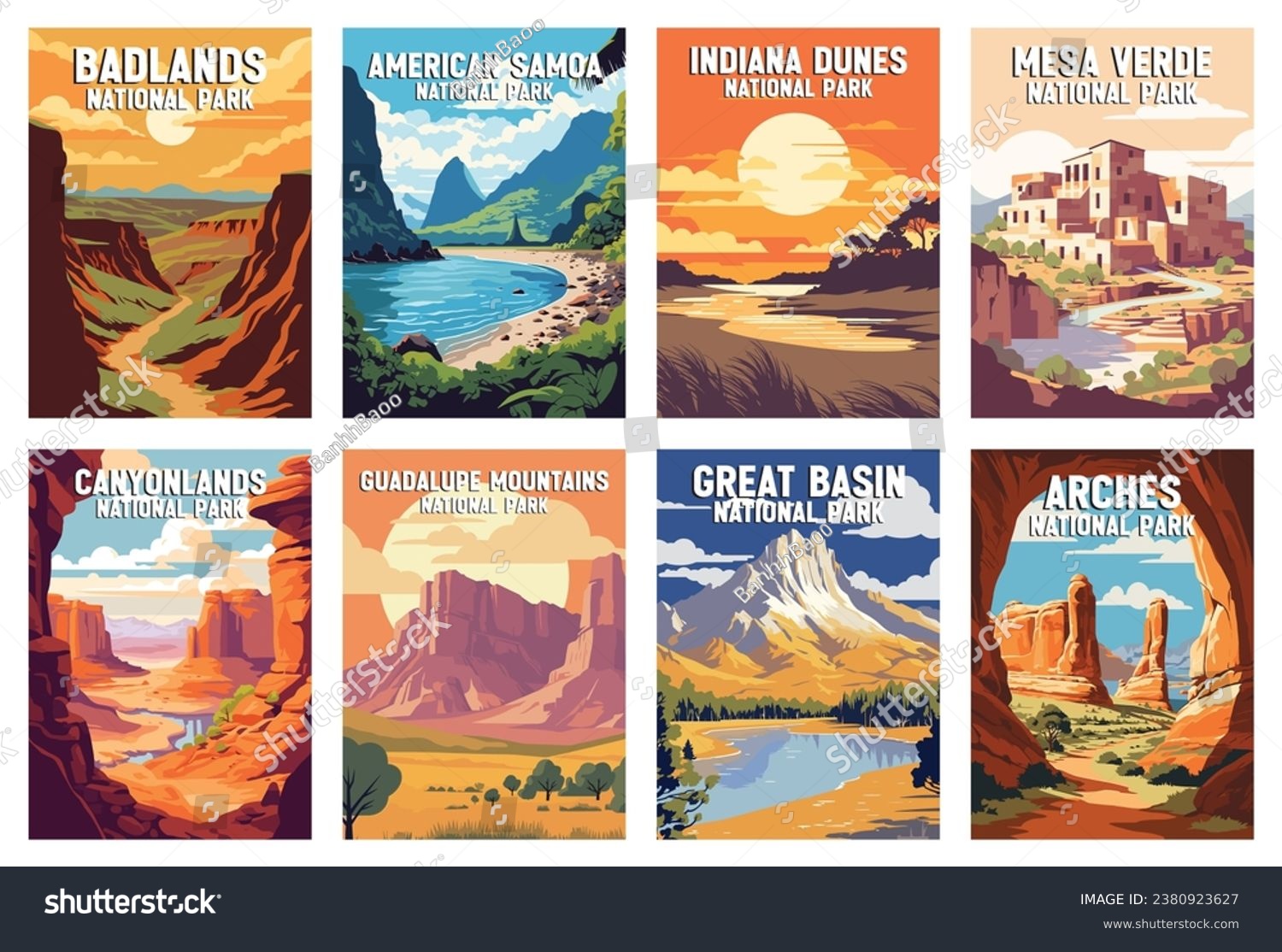 SVG of Set of National Parks Illustration Art. Badlands, Arches, American Samoa, Indiana Dunes, Canyonlands, Guadalupe Mountains, Mesa Verde, Great Basin. svg