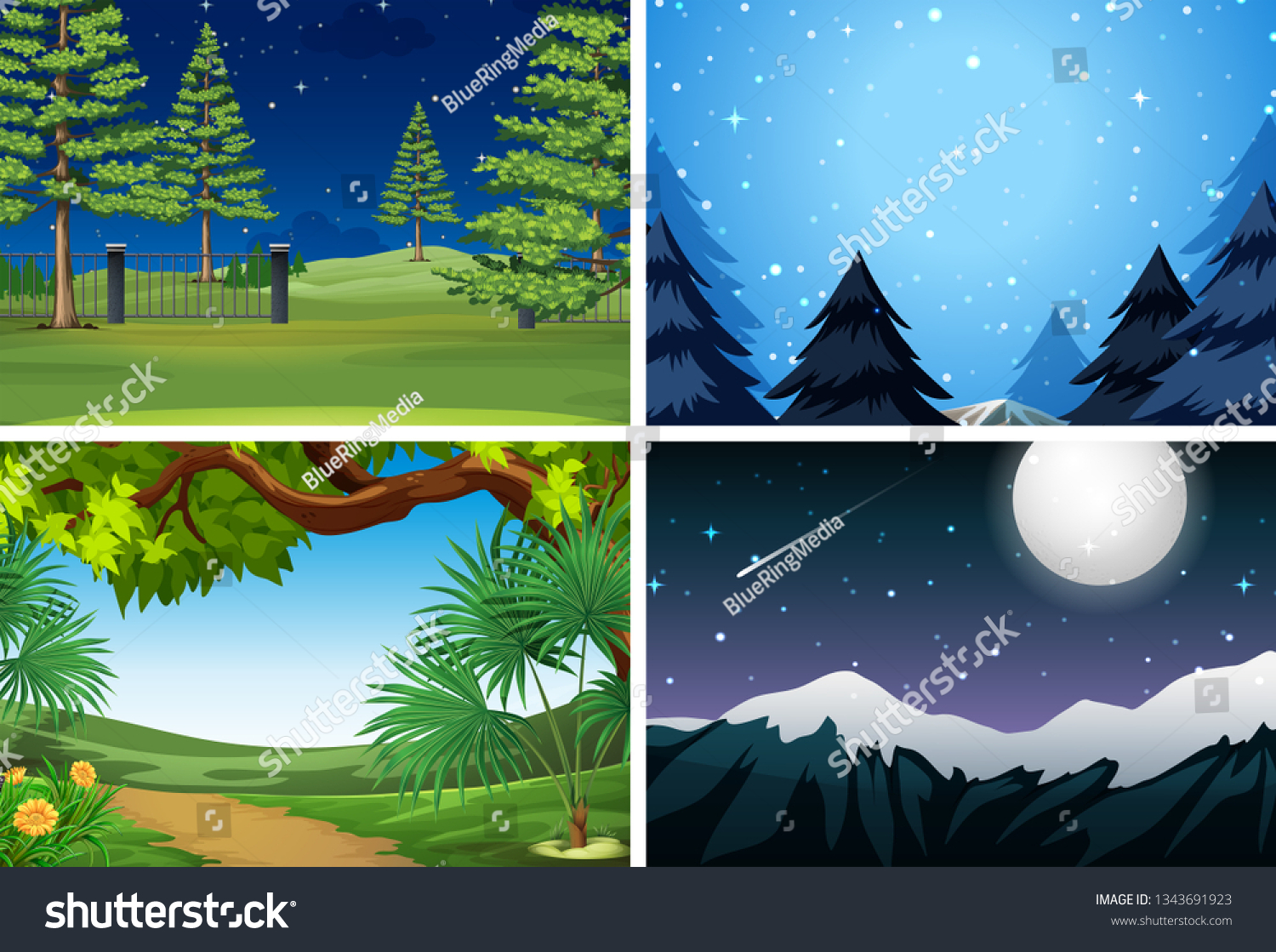 Set Nature Scene Night Illustration Stock Vector (royalty Free) 1343691923