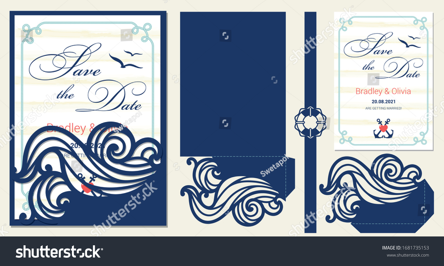 SVG of Set of nautical invitation laser cutting template: sleeve envelope, pocket, save tha date card with rope border, belly band with lifebuoy. Paper cutout collection. Die cut vector design. svg