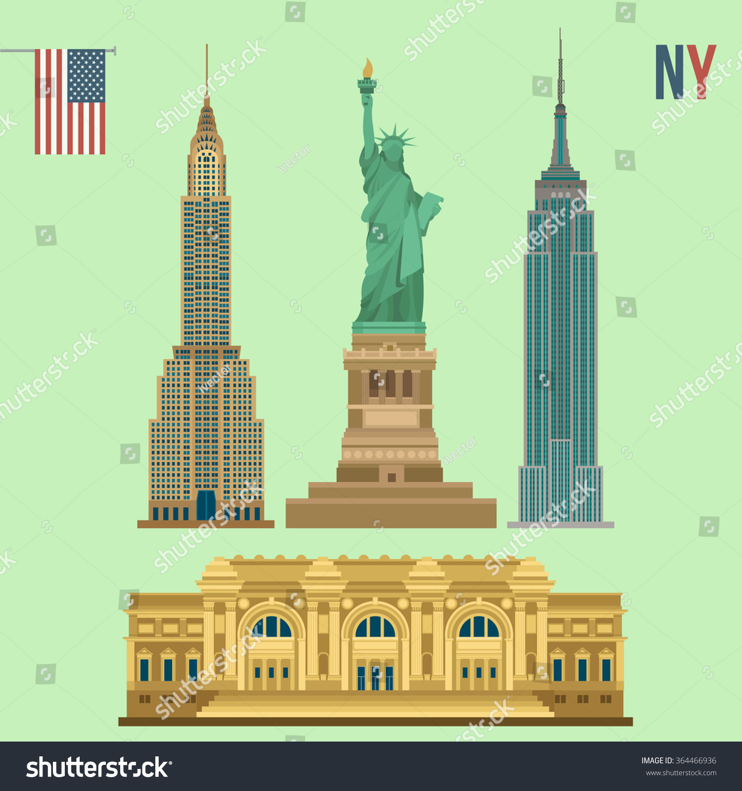 SVG of Set of New York Famous Buildings: Statue of Liberty, Metropolitan Museum of Art, Empire State Building, Chrysler. Vector illustration svg
