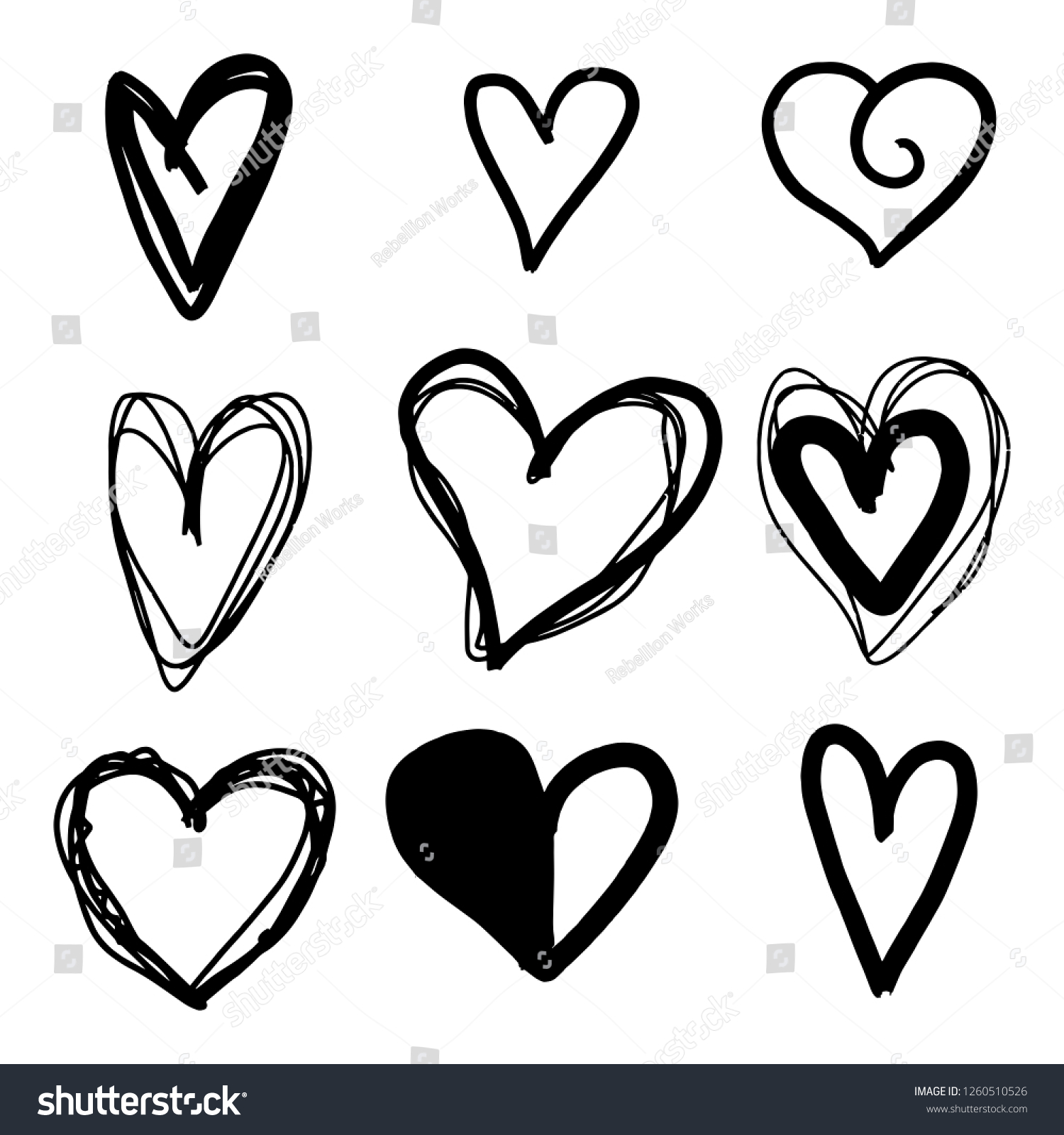 Set Nine Hand Drawn Heart Handdrawn Stock Vector (Royalty Free ...