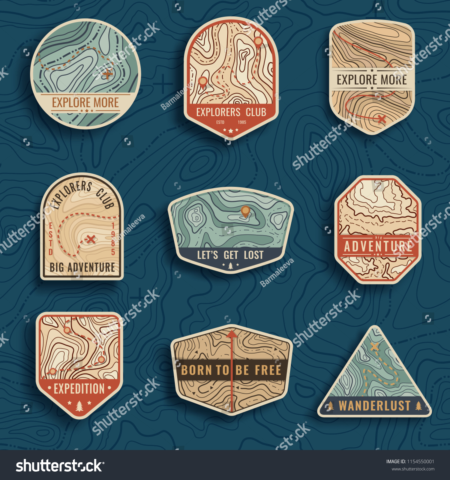 SVG of Set of nine topographic map travel emblems. Outdoor adventure emblems, badges and logo patches. Forest camp labels in vintage style. Map pattern with mountain texture and grid svg
