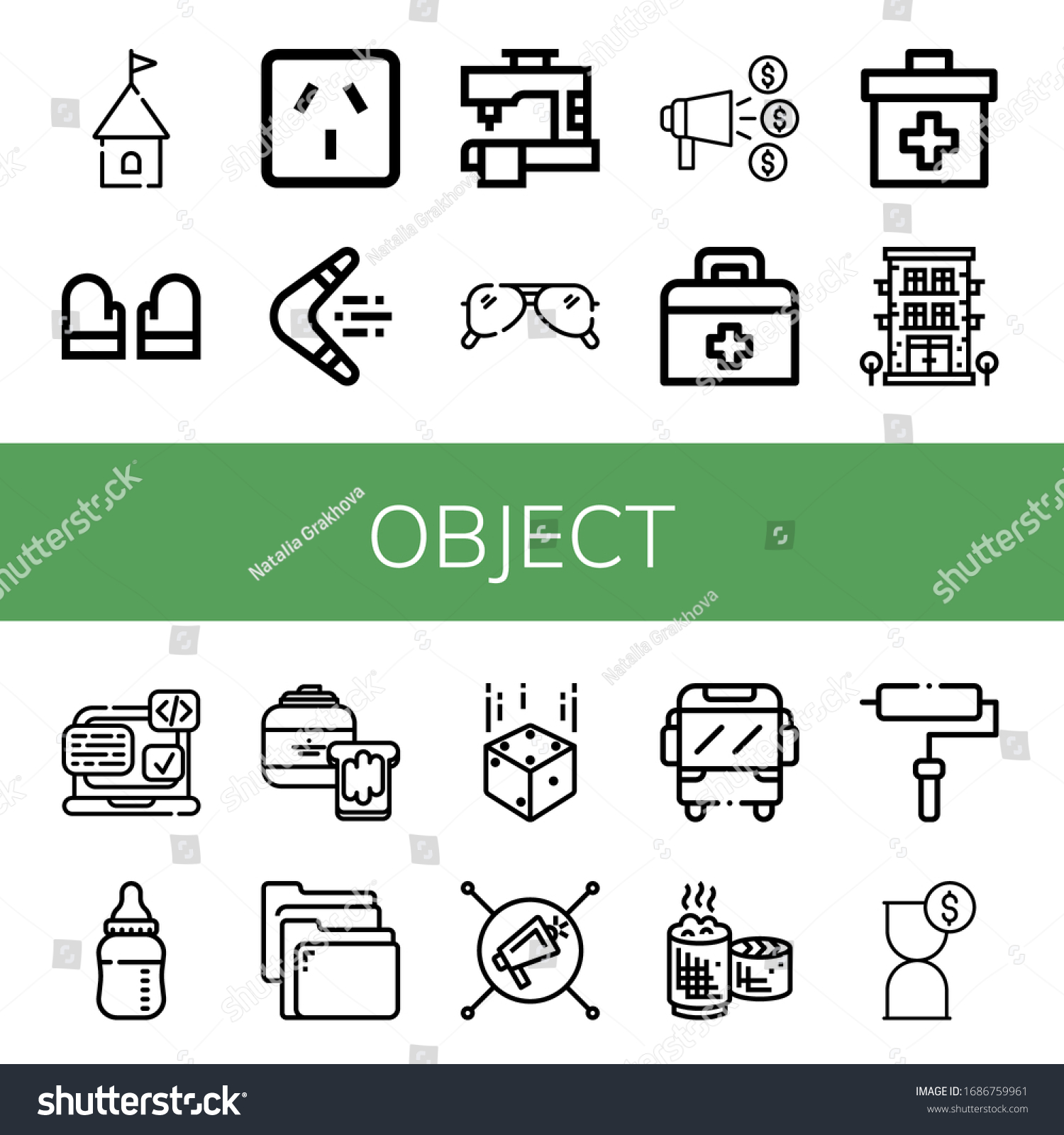 SVG of Set of object icons. Such as Tower, Gloves, Socket, Boomerang, Sewing machine, Sunglasses, Announce, First aid kit, Hotel, Svg, Baby bottle, Peanut butter, Folders , object icons svg
