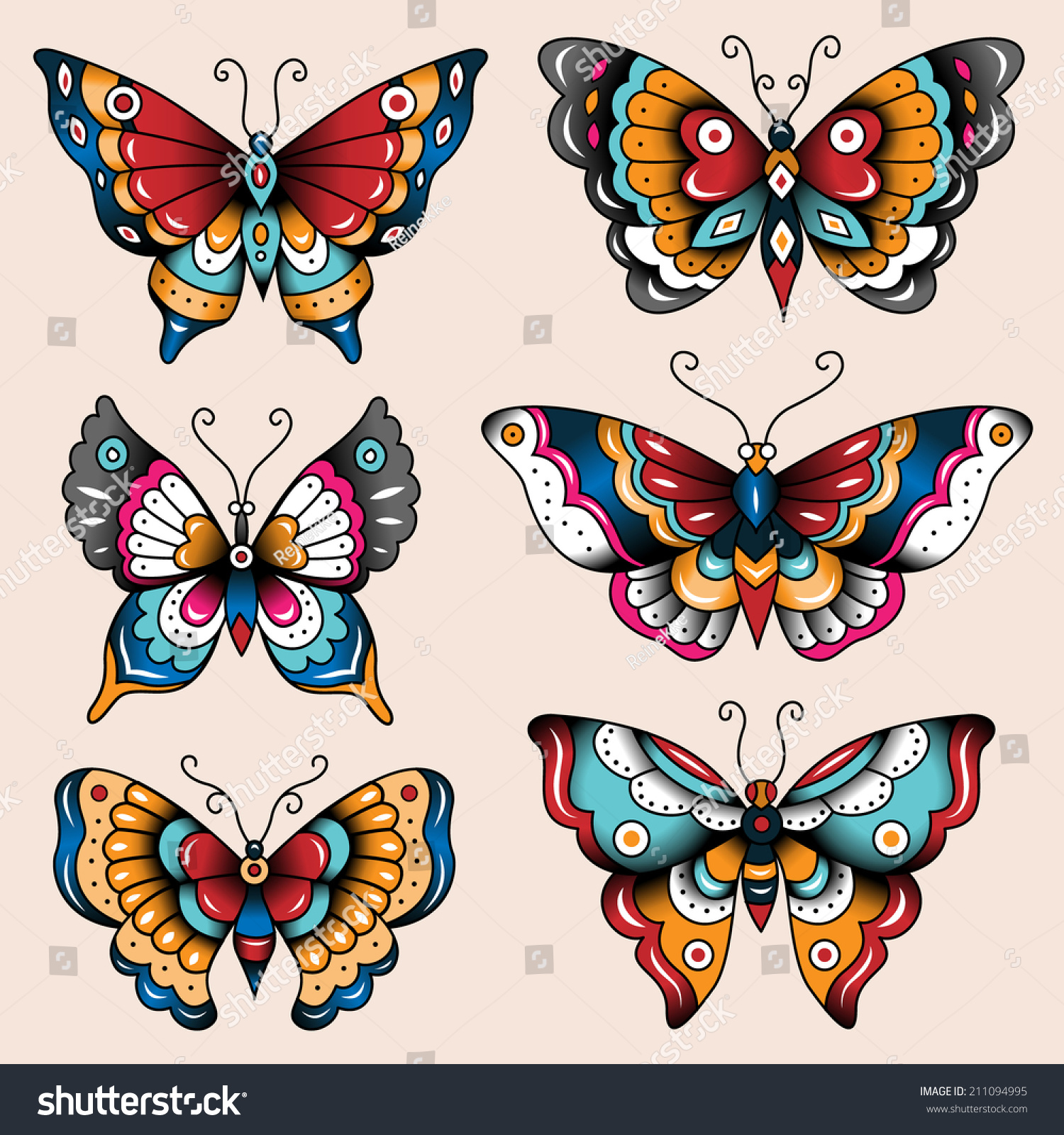 Set Old School Tattoo Art Butterflies Stock Vector 211094995 within Old School Tattoo Designs