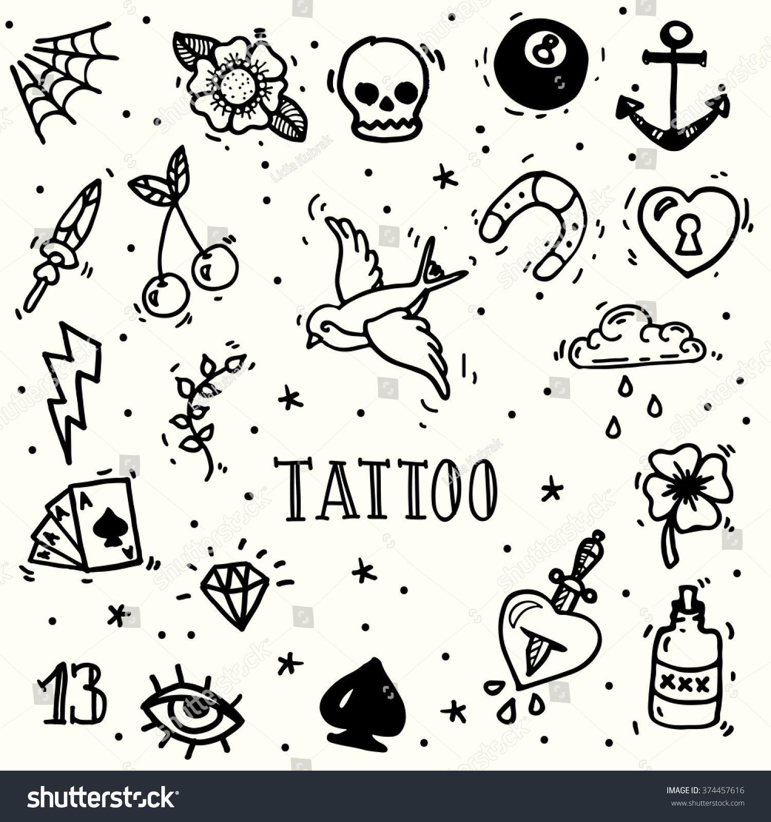 Set Old School Tattoos Hand Drawn Stock Vector Royalty Free