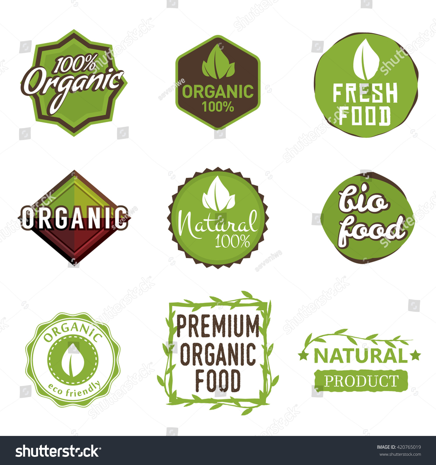 Set Organic Food Labels 100 Organic Stock Vector Royalty Free 420765019