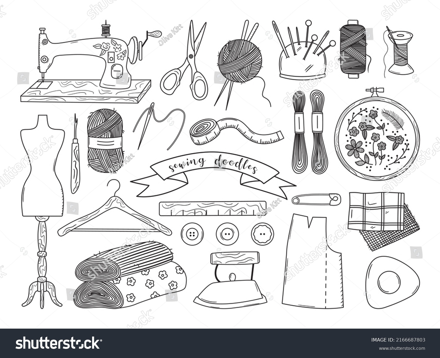 Set Outline Doodle Sewing Elements Retro Stock Vector (Royalty Free ...