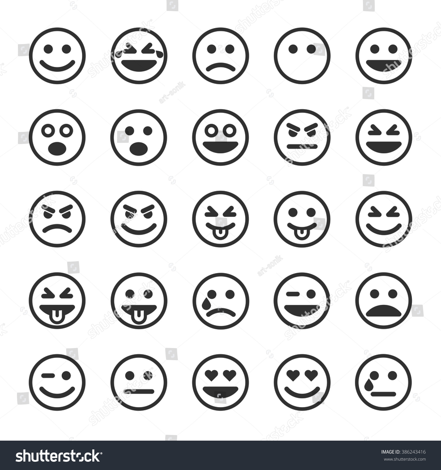 Set Of Outline Emoticons, Emoji Isolated On White Background, Vector ...