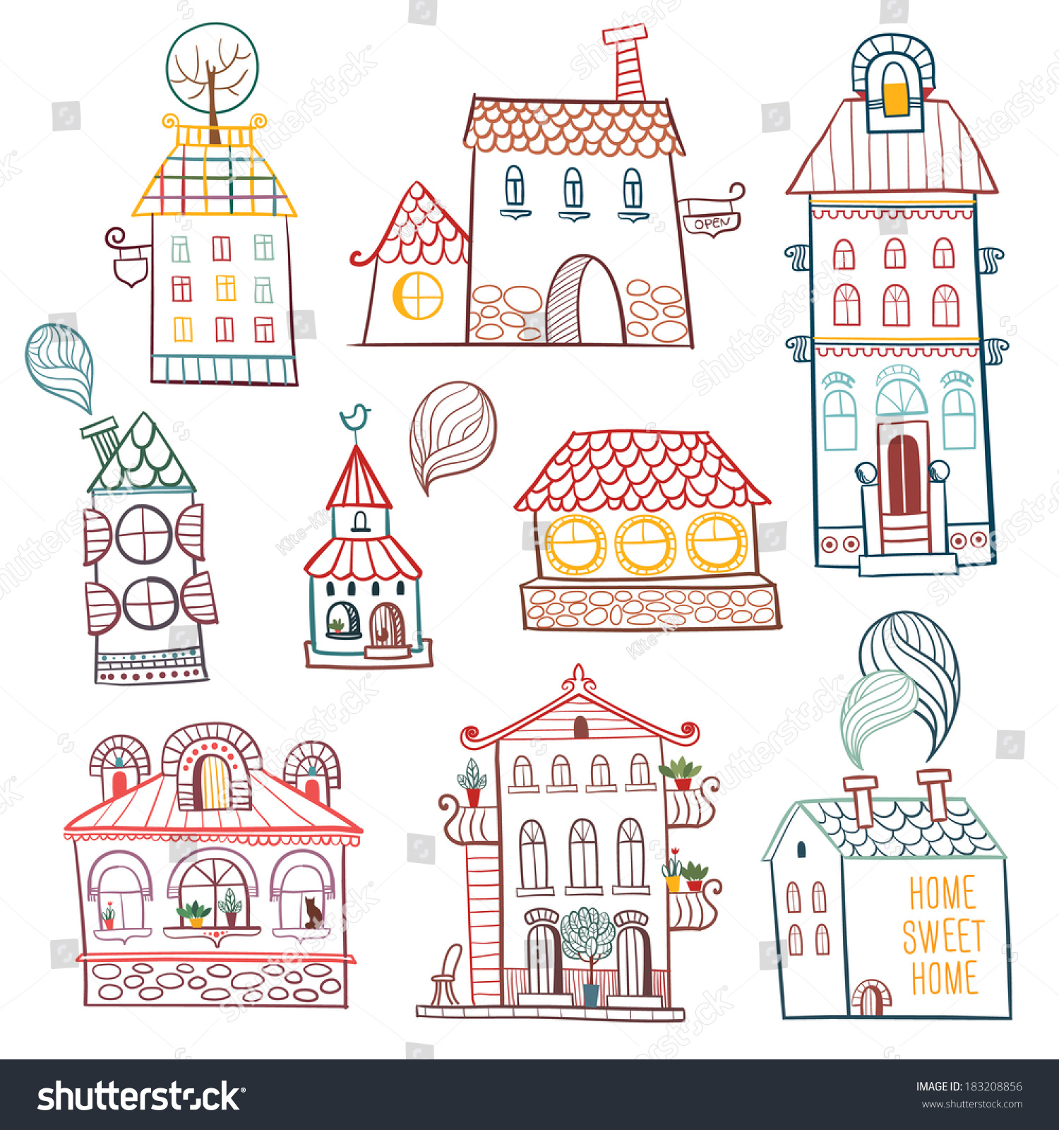 Set Outline Hand Drawn Buildings Vector Stock Vector 183208856 ...