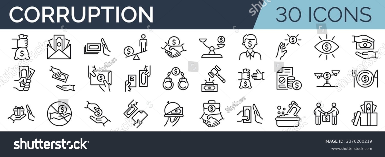 SVG of Set of 30 outline icons related to corruption. Linear icon collection. Editable stroke. Vector illustration svg