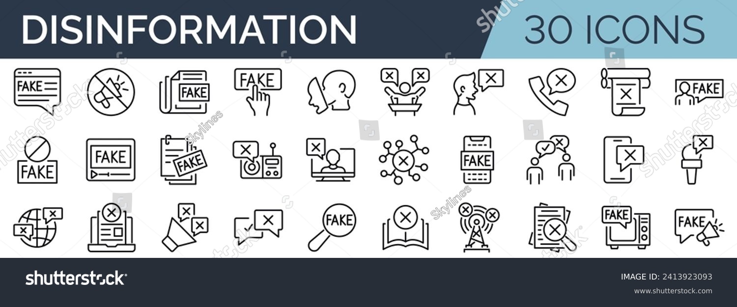 SVG of Set of 30 outline icons related to disinformation. Linear icon collection. Editable stroke. Vector illustration svg