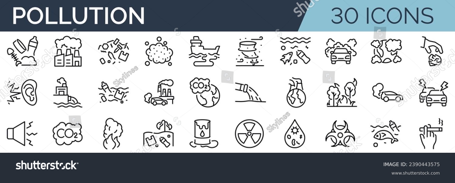 SVG of Set of 30 outline icons related to pollution. Linear icon collection. Editable stroke. Vector illustration svg