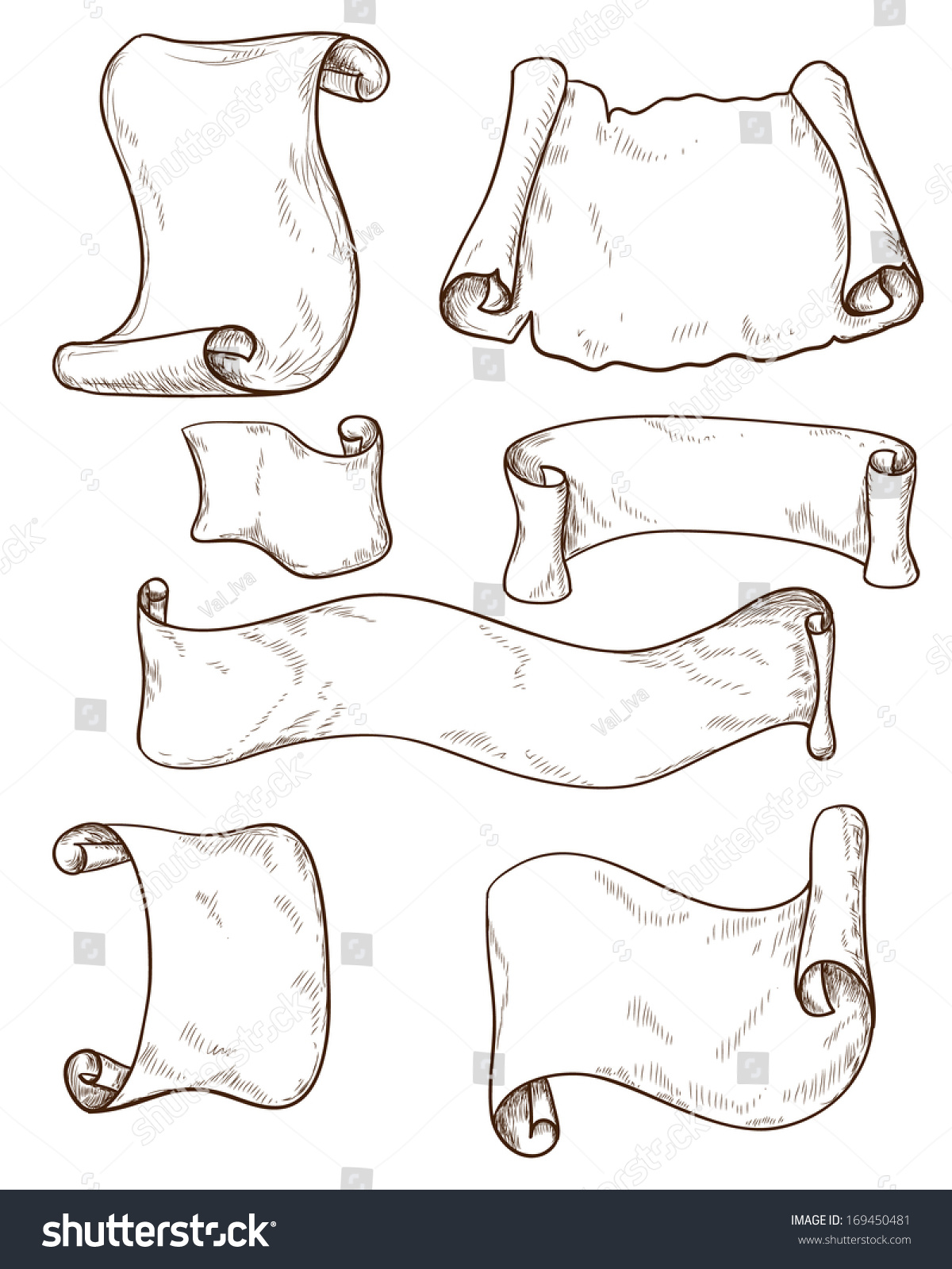 Set Outline Old Parchment Scrolls Stock Vector (Royalty Free) 169450481