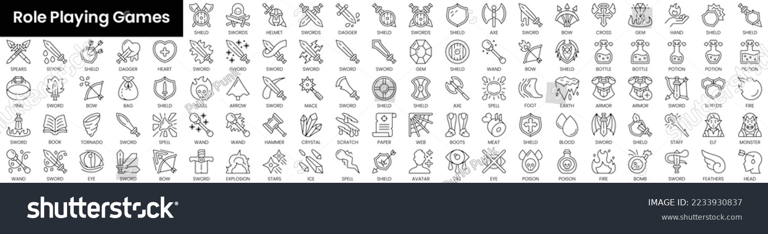 SVG of Set of outline role playing games icons. Minimalist thin linear web icon set. vector illustration. svg