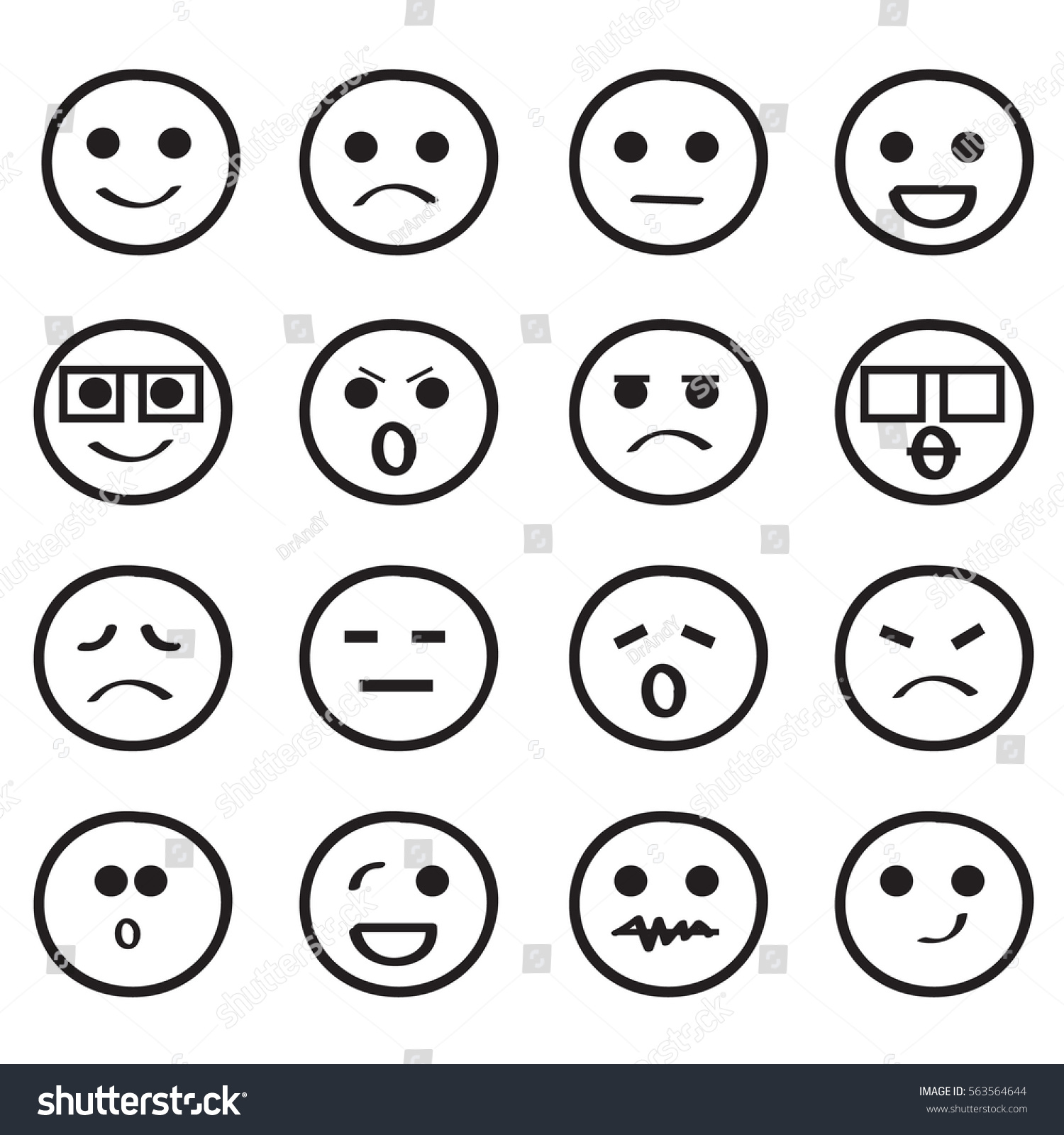 Set Outline Smiley Faces Different Emotional Stock Vector 563564644 ...