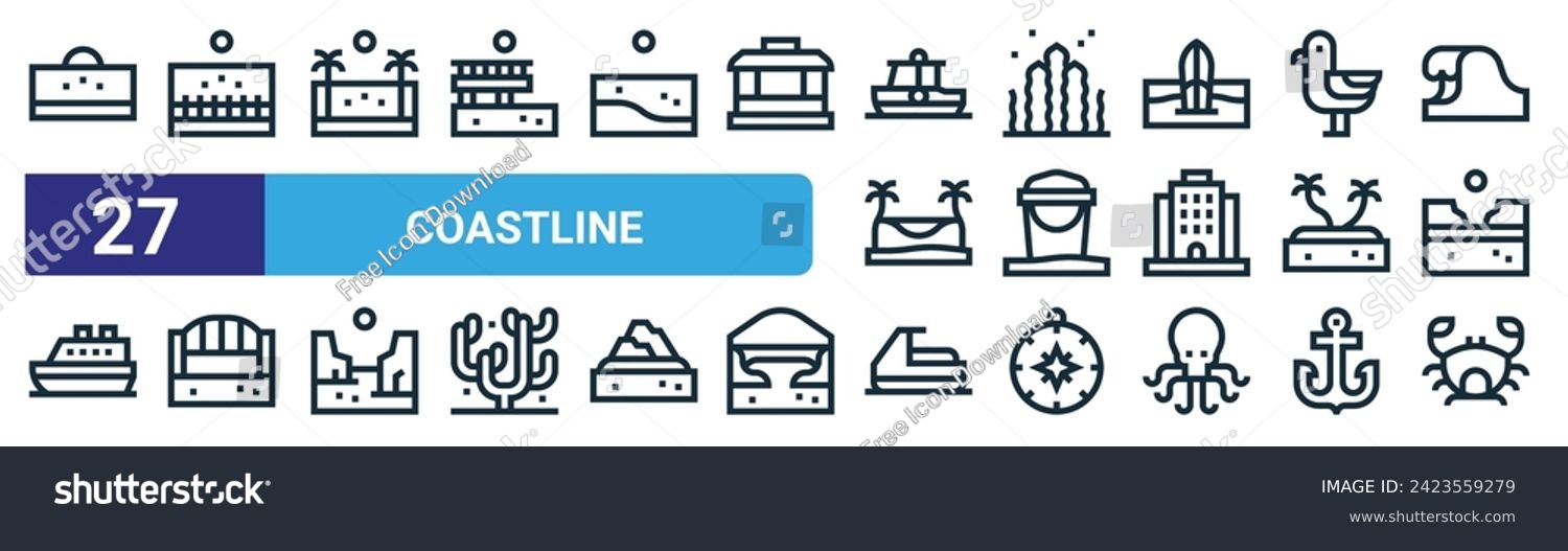 SVG of set of 27 outline web coastline icons such as sun, promenade, beach, seaweed, sand bucket, canal,  , crab vector thin line icons for web design, mobile app. svg